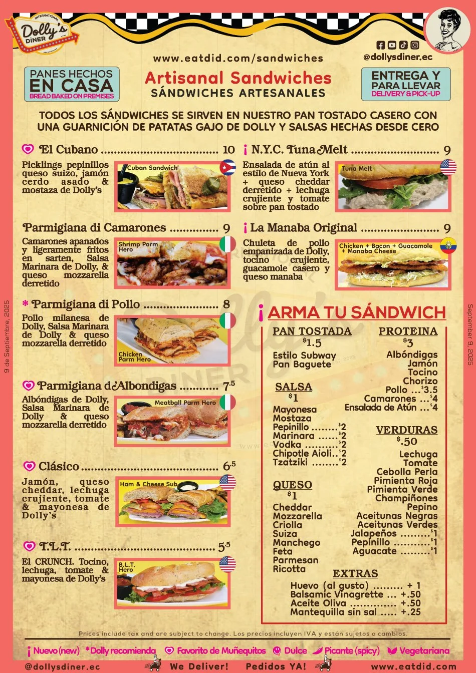 Menú de sandwiches artesanales en Dolly's Diner con opciones como Cubano, N.Y.C. Tuna Melt, La Manaba Original, Parmigiana di Camarones, Parmigiana di Pollo, Parmigiana d'Albondigas, Clásico y T.L.T., con información de precios y ingredientes.