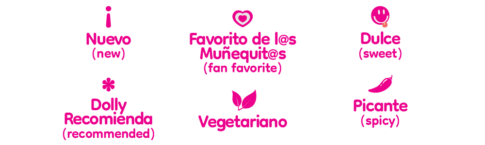 Guía de emojis y sus significados en español: nuevo (ícono de información), favorito de las usuarias (corazón), dulce (carita sonriendo), dolly recomendada (estrella), vegetariano (hoja), picante (pimiento)
