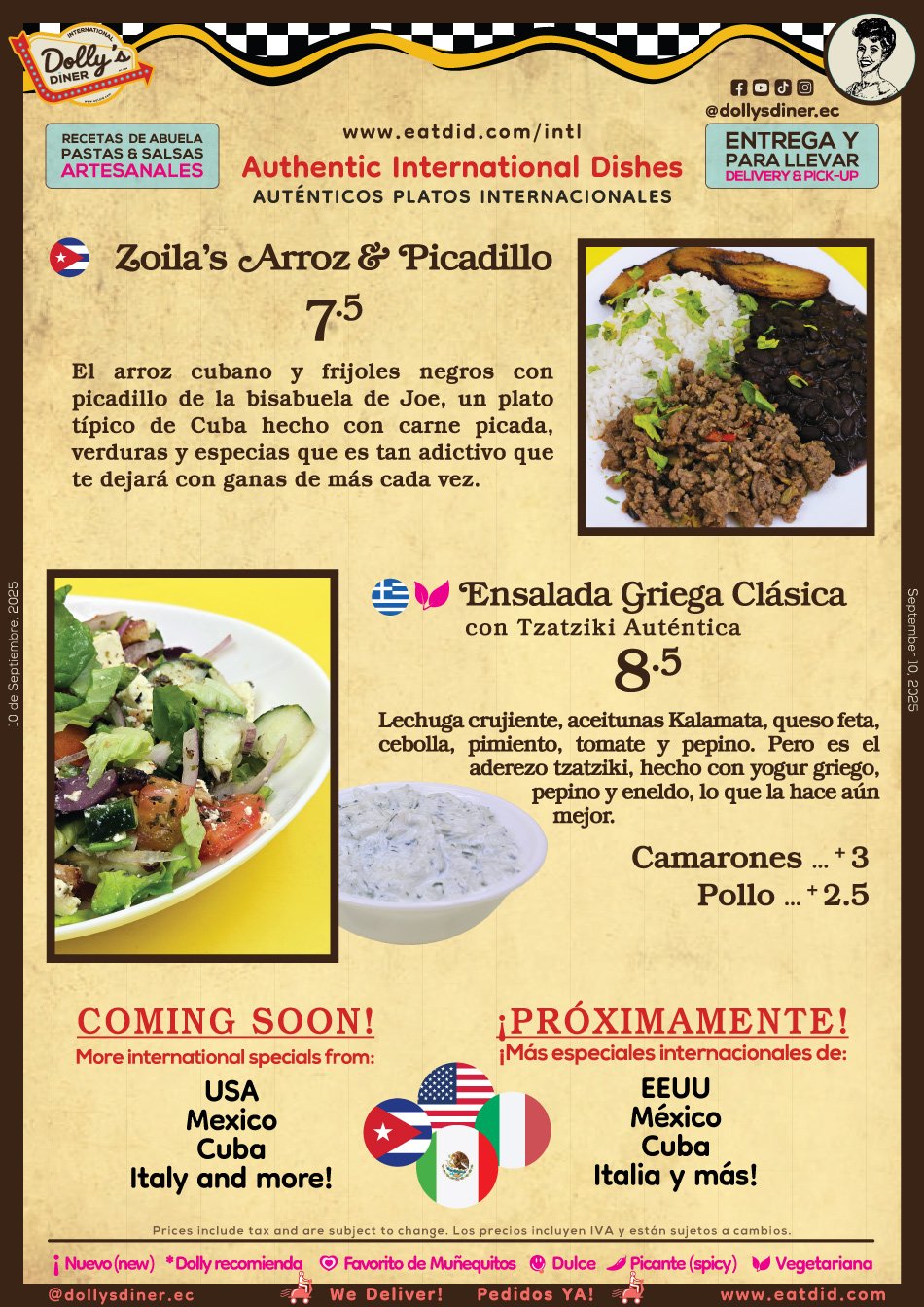 Dolly's Diner Auténticos Platos Internacionales Menu Sept 2025