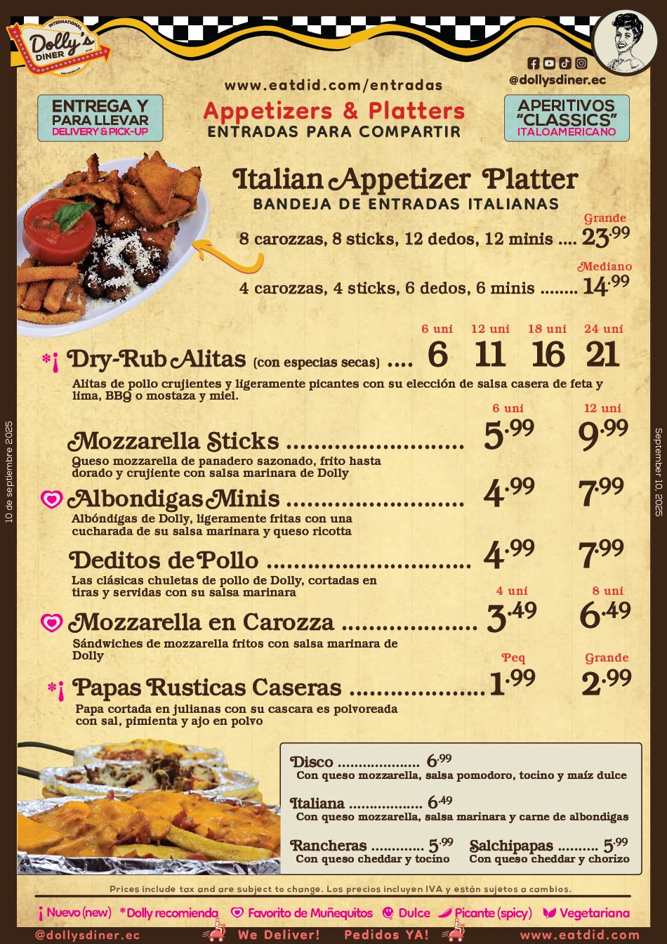 Menú de appetizers y platters italianos con opciones de diferentes tamanos, incluyendo pollo, mozzarella y papas rústicas, con precios y descripciones en español.