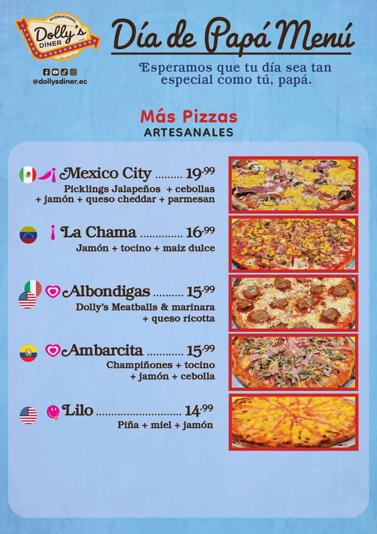 Menú de pizza artesanal con varias opciones, incluyendo Mexico City con jalapeños, cebolla, jamón, queso cheddar y parmesano; La Chama con jamón, tocino y maíz dulce; Albondigas con meatballs, marinara y queso ricotta; Ambarcita con champiñones, toci