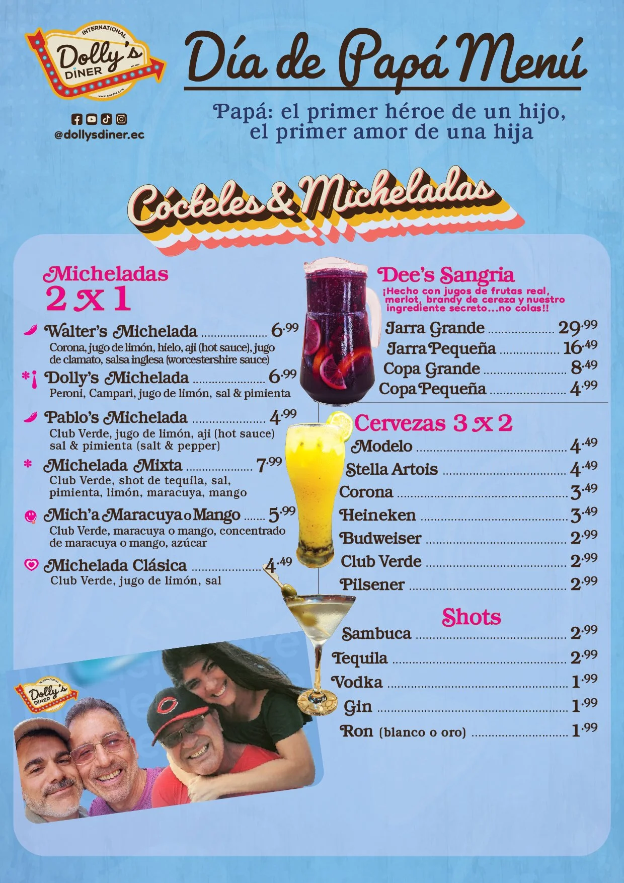 Menú del Día del Papá con cócteles, micheladas, cervezas y shots en Dolly's Diner.
