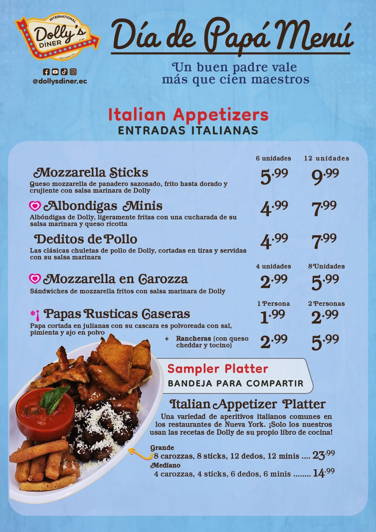Menú del Día del Papa con diversas aperitivos italianos, incluyendo palitos de mozzarella, albóndigas mini, pollo en tiras, sándwiches de mozzarella en cruz, papas rústicas, y un plato de aperitivos italianos variados titulado 'Sampler Platter'