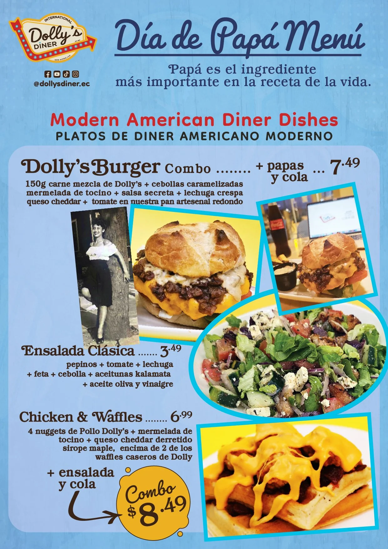 Menú con platos de comida americana moderna en dolly's diner, incluyendo una hamburguesa, ensalada clásica, pollo con wafles, y una porción de papas con cola, con precios y descripciones en español.