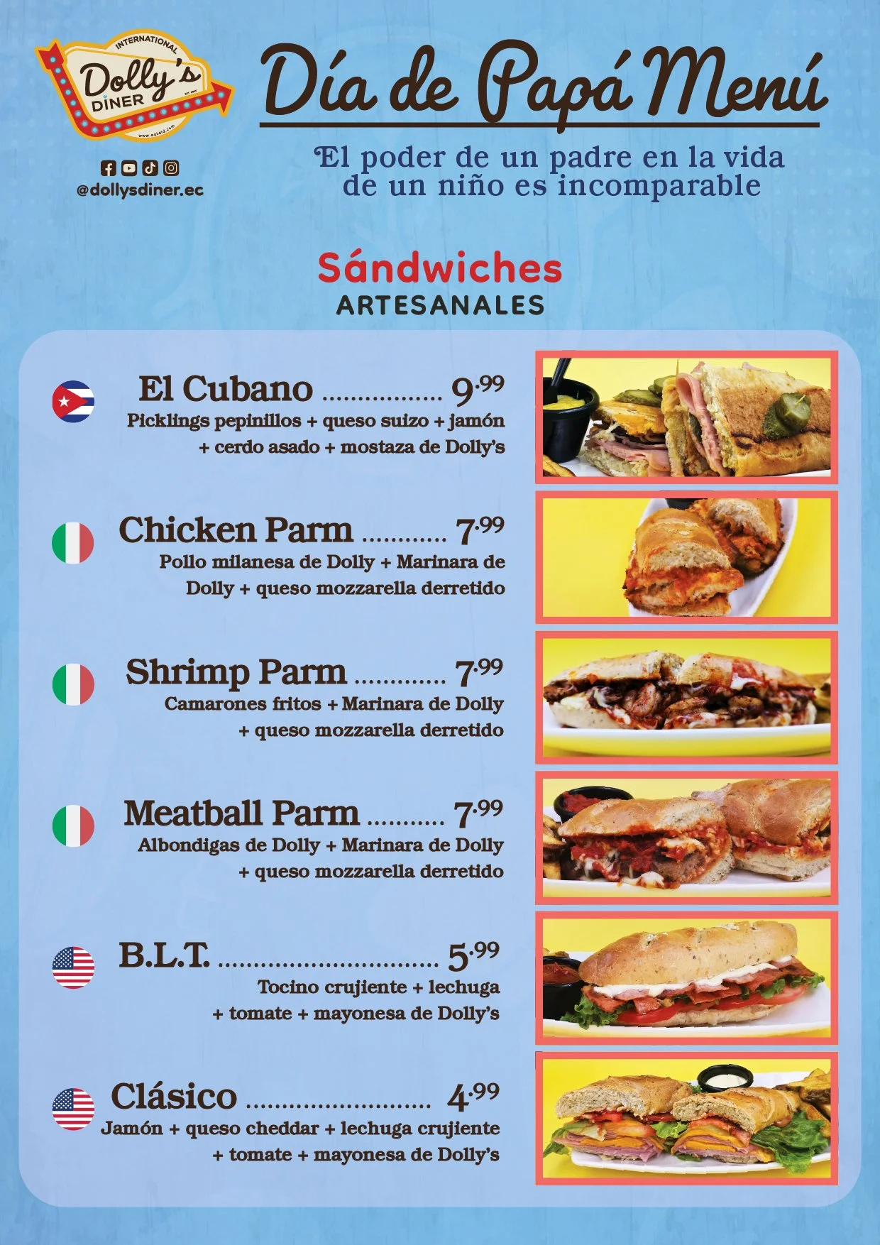 Menú del Día de Papá con opciones de sándwiches artesanales, incluyendo El Cubano, Chicken Parm, Shrimp Parm, Meatball Parm, B.L.T. y Clásico, con precios y fotografías de cada uno.