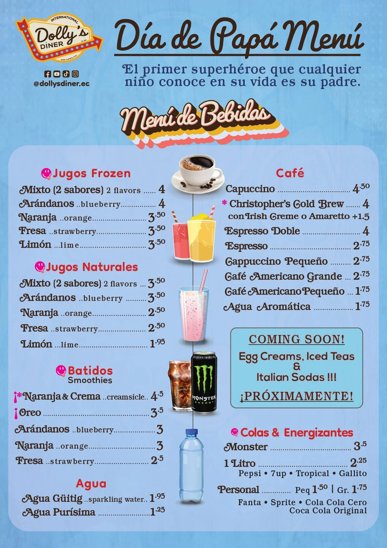 Menú de bebidas del Día de Papá en Dolly's Diner, incluye jugos frozen y naturales, batidos, y varias opciones de café, además de colas y energizantes.