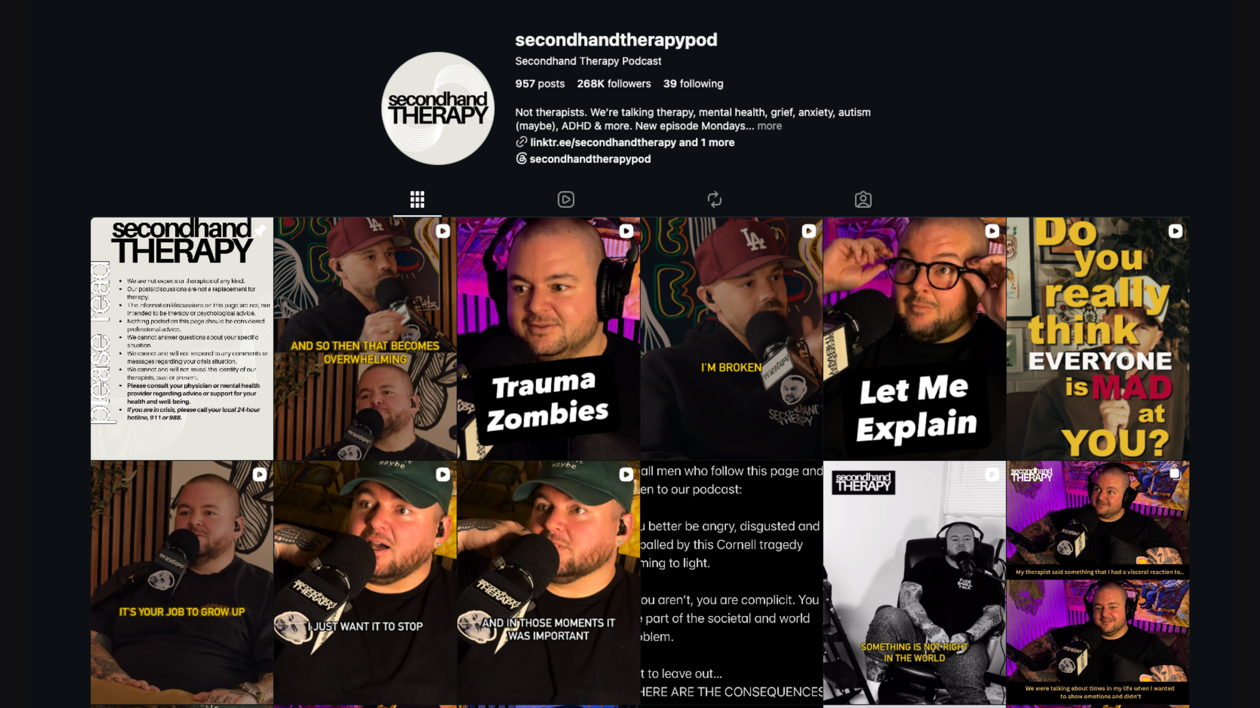 Screenshot of a social media profile for secondhandtherapy podcast, featuring images of men speaking into microphones, with texts like 'Trauma Zombies,' 'Let Me Explain,' and 'Everyone is Mad at You?'
