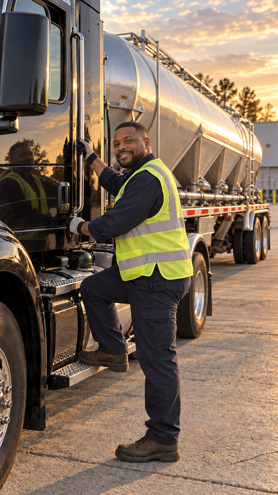 A male worker in a yellow safety vest and black uniform standing on the side of a black tanker truck during sunset, smiling at the camera.