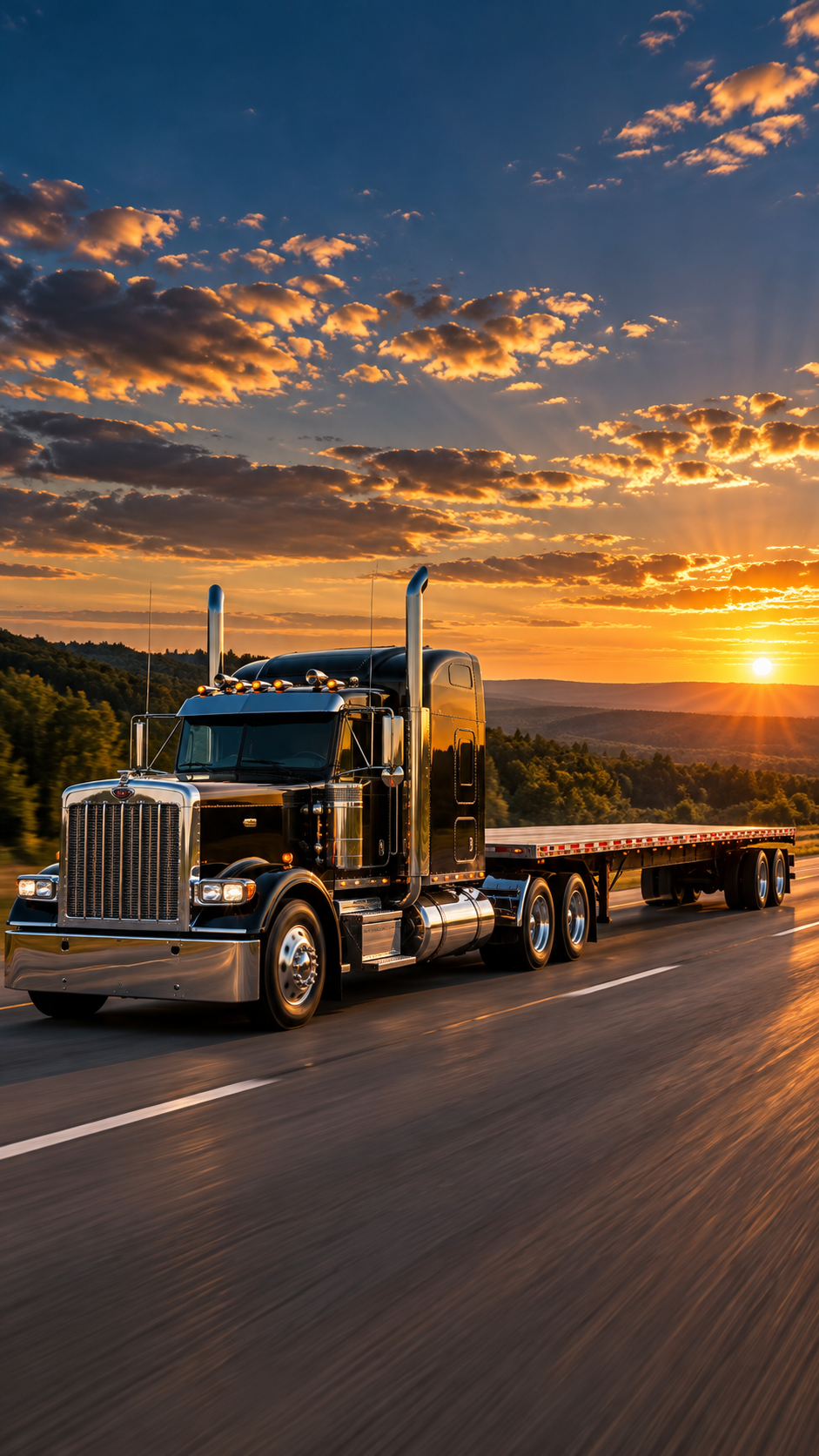 A black semi-truck driving on a highway during sunset, with hills and a partly cloudy sky in the background.