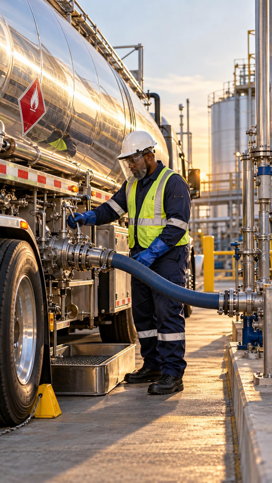 A worker in safety gear is operating machinery on a fuel tanker at an industrial site during sunset.