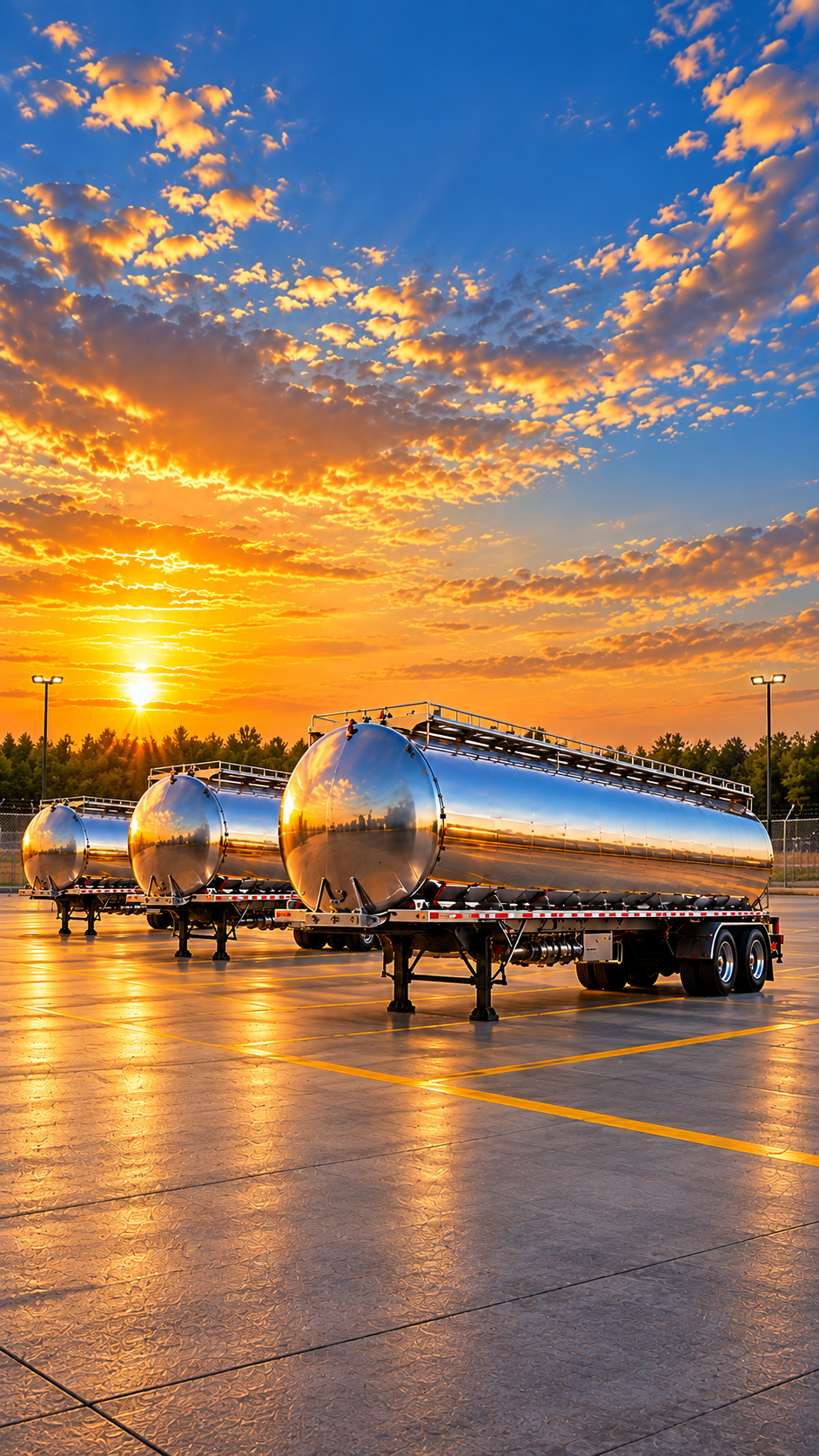 Three polished tanker trailers parked in a lot at sunset, with a colorful sky and clouds in the background.