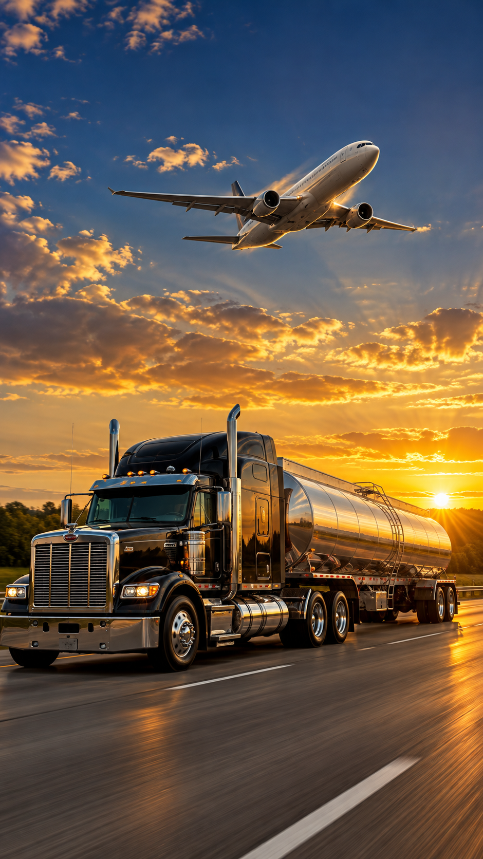 A black semi-truck driving on a highway at sunset with an airplane flying overhead in a partly cloudy sky.