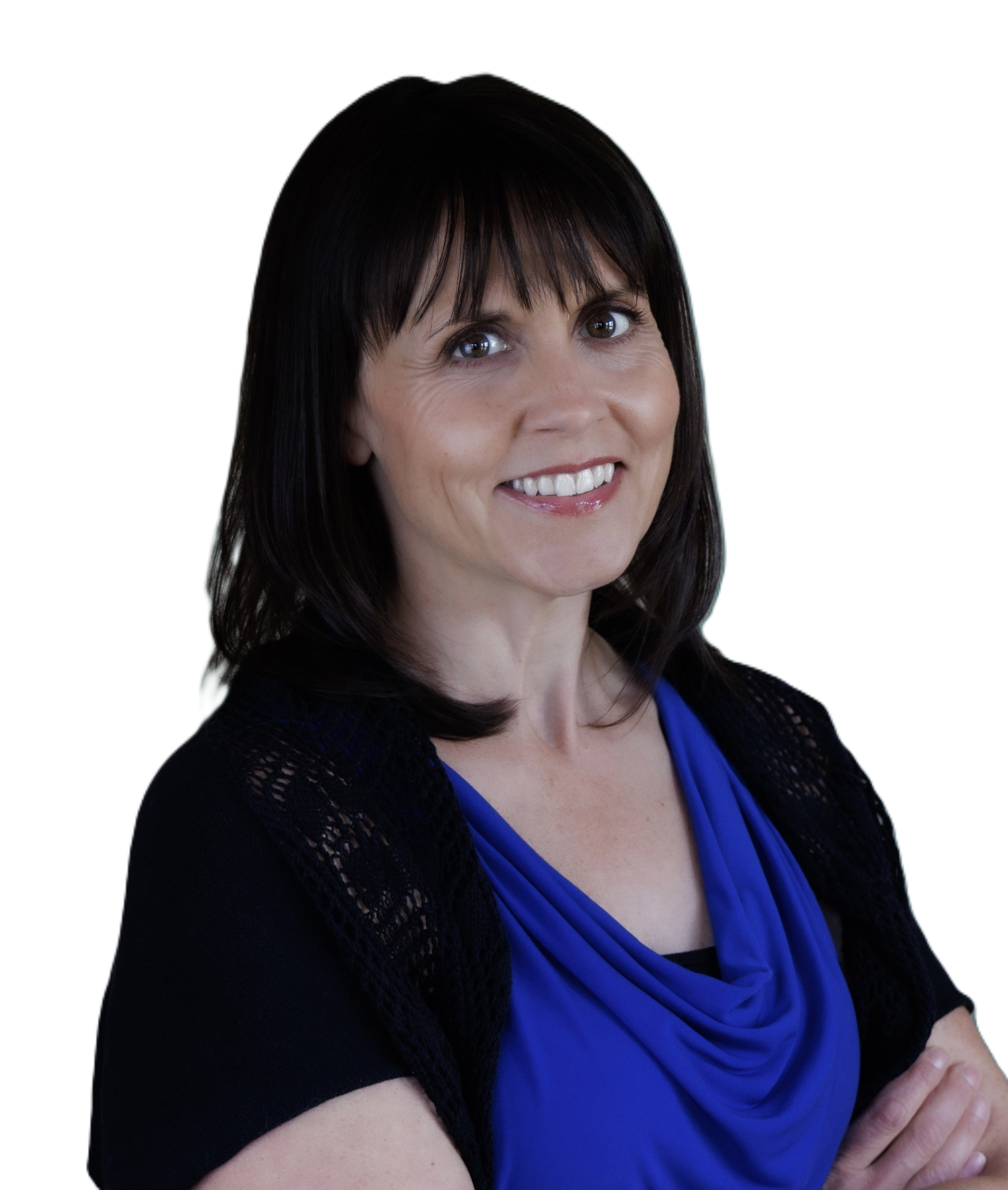 A woman with dark hair styled with bangs, wearing a blue top and black cardigan, smiling with her hands crossed, against a black background.