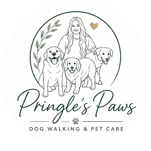 Logo for Pringle's Paws featuring a woman and three dogs, with a heart and a leafy branch, and the text 'Dog Walking & Pet Care'.