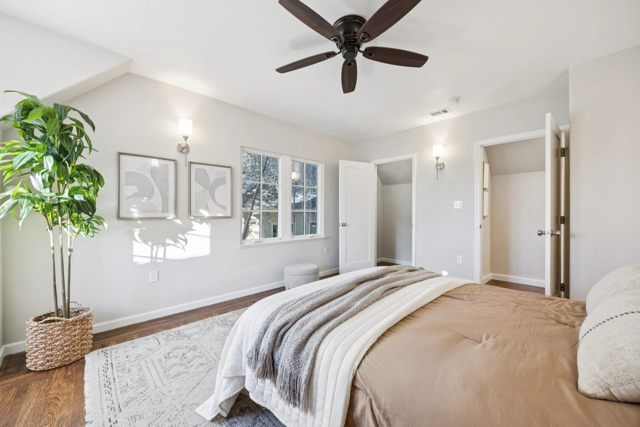 A bedroom with a bed, patterned rug, potted plant, framed artwork, and natural light through windows.