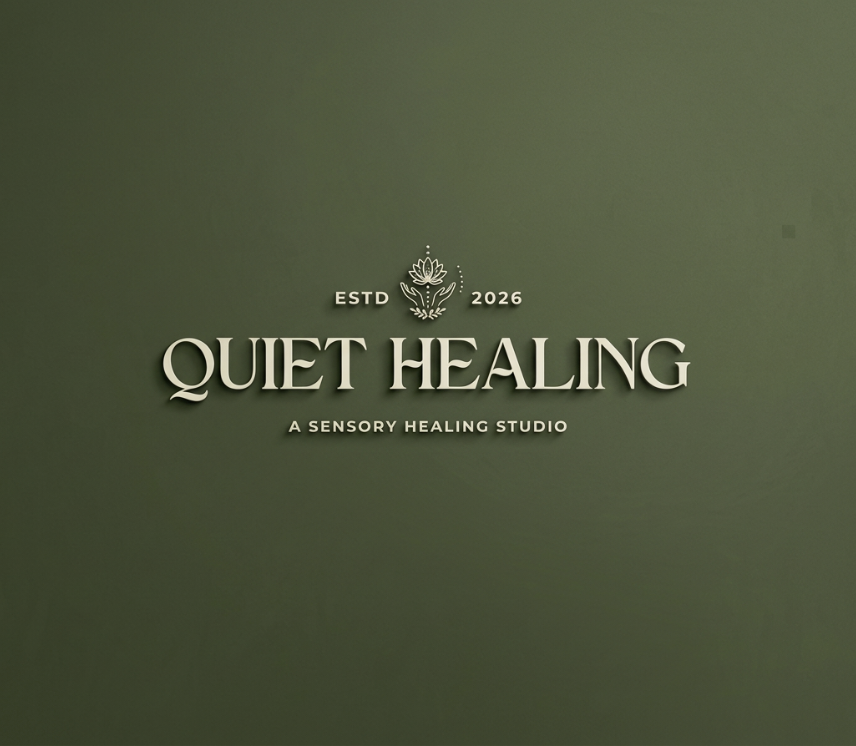 Logo for Quiet Healing, a sensory healing studio established in 2026, displayed on a green background.