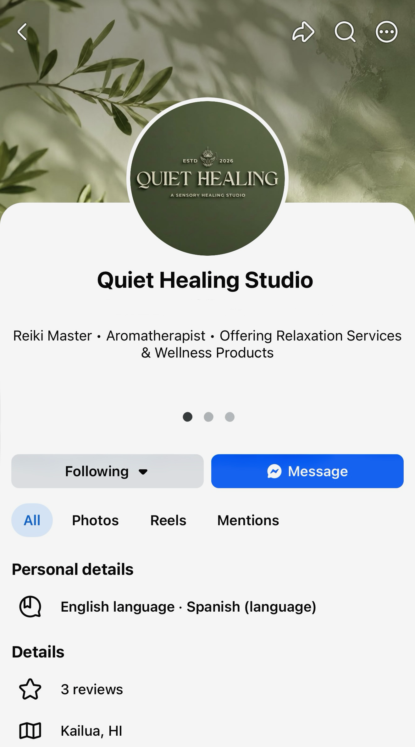 Profile of Quiet Healing Studio with a green leafy background, featuring a logo with a lotus flower and the text 'Quiet Healing' along with services for Reiki Master, Aromatherapist, and Wellness Products.
