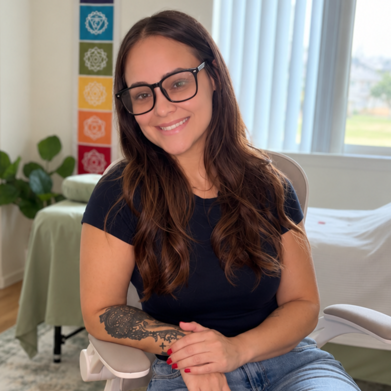 A woman with long brown hair, glasses, and a tattoo on her left arm, smiling and wearing a black t-shirt and jeans, sitting in a bright room with a window, a plant, and a colorful chakra chart on the wall.