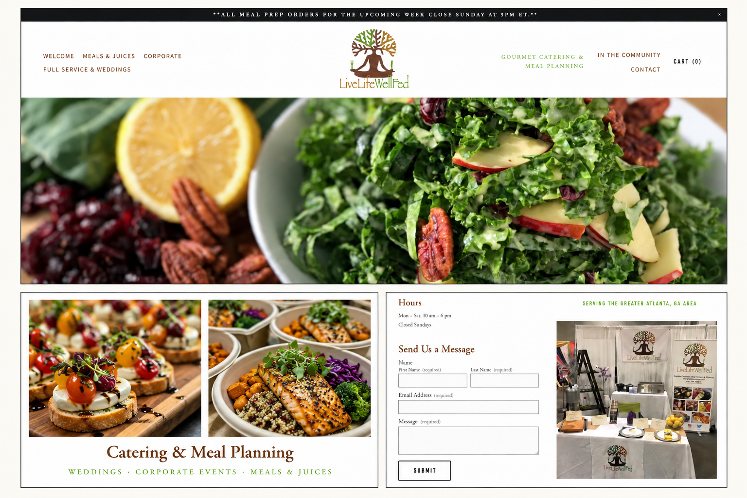 Live Life Well Fed collage featuring its homepage, catering imagery, and inquiry form.