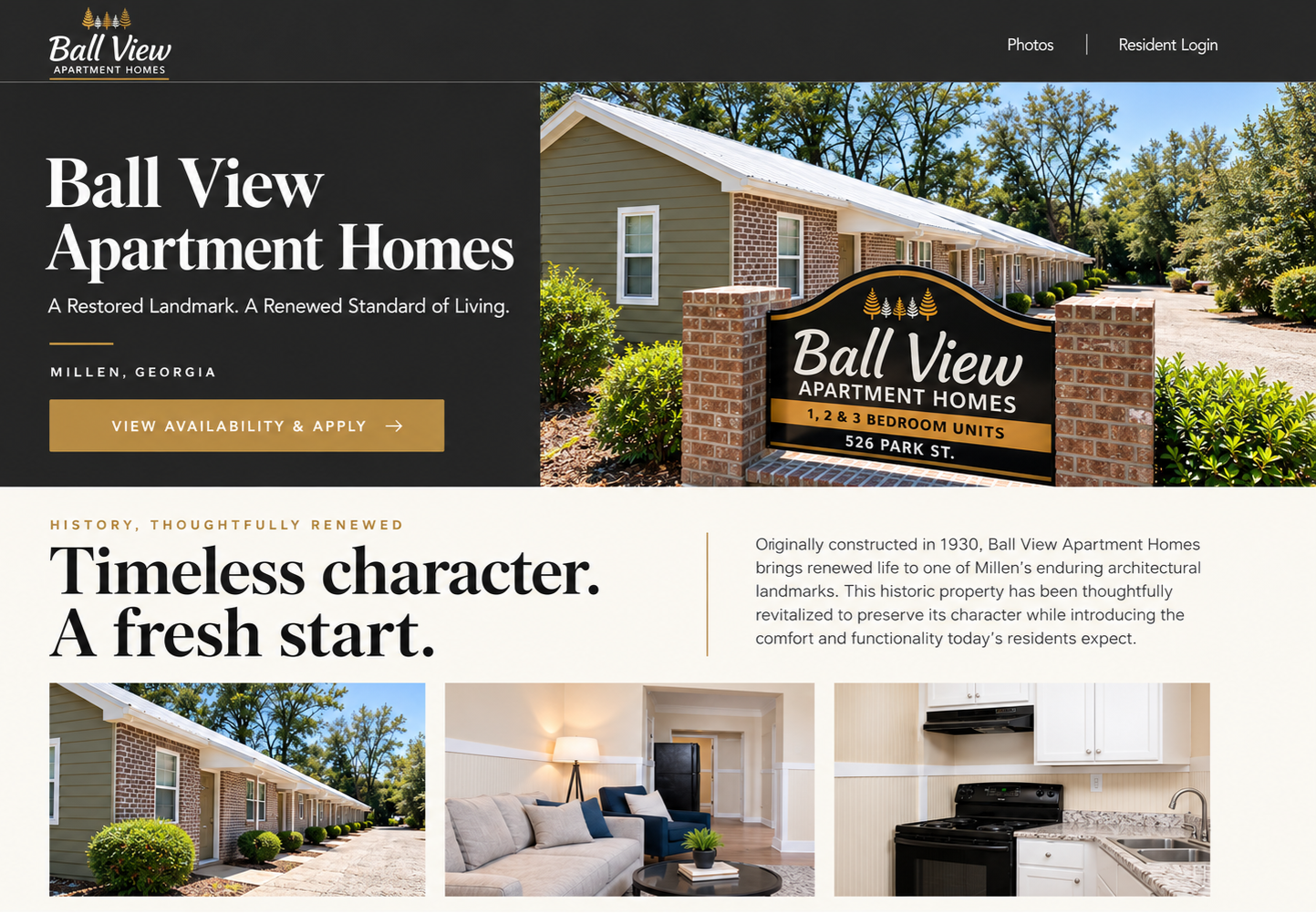 Ball View Apartment Homes homepage featuring property photography and an online application call to action.