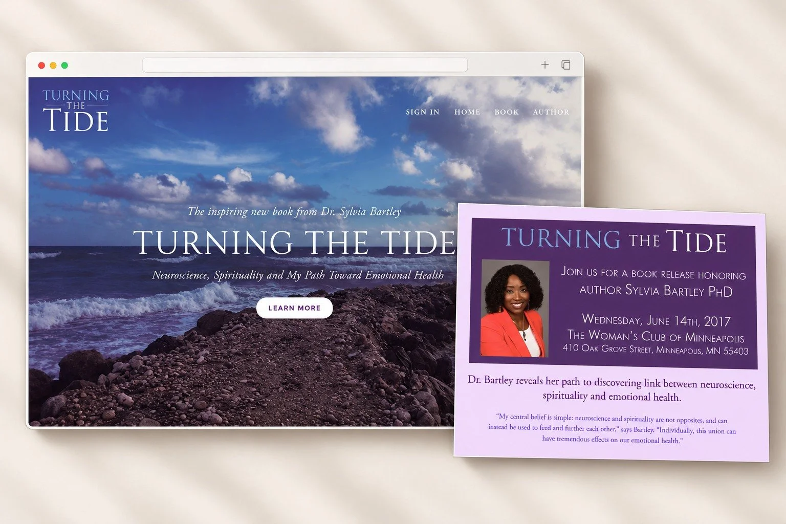 Turning the Tide author website with coastal imagery, presented alongside a purple book release invitation.