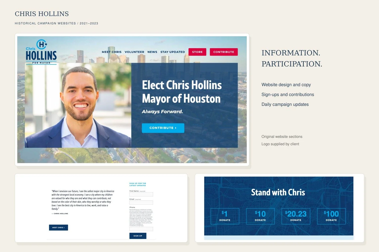 Chris Hollins for Office campaign website featuring campaign information, donation links, and supporter signup tools.