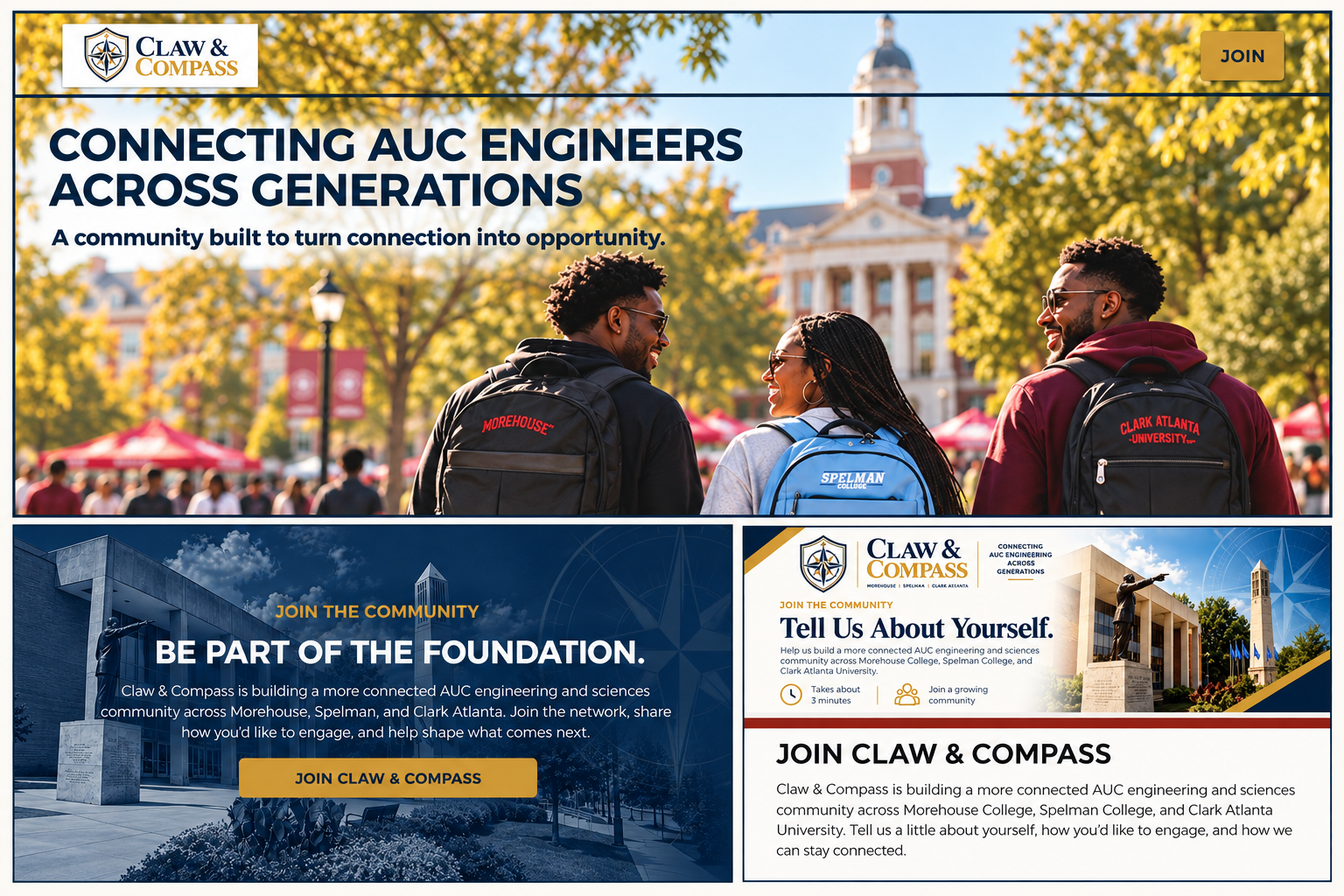 Claw & Compass website collage featuring its AUC engineering community homepage and signup experience.