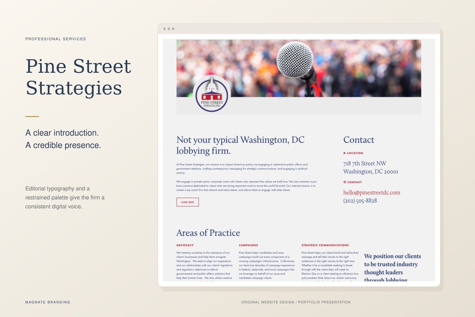 Pine Street Strategies website presenting the firm’s services and staff profiles.