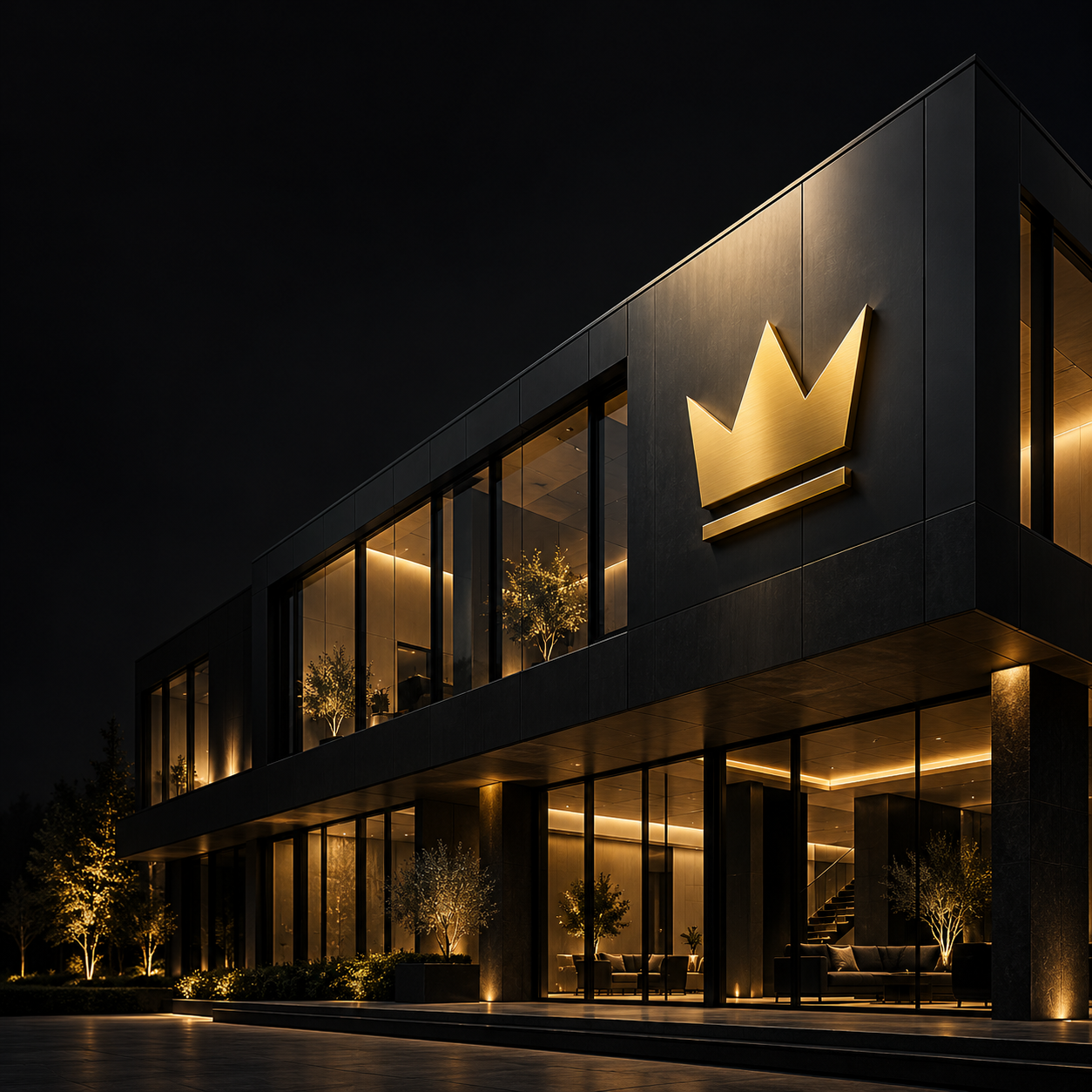 Charcoal building with an illuminated gold crown emblem for Magnate Branding.