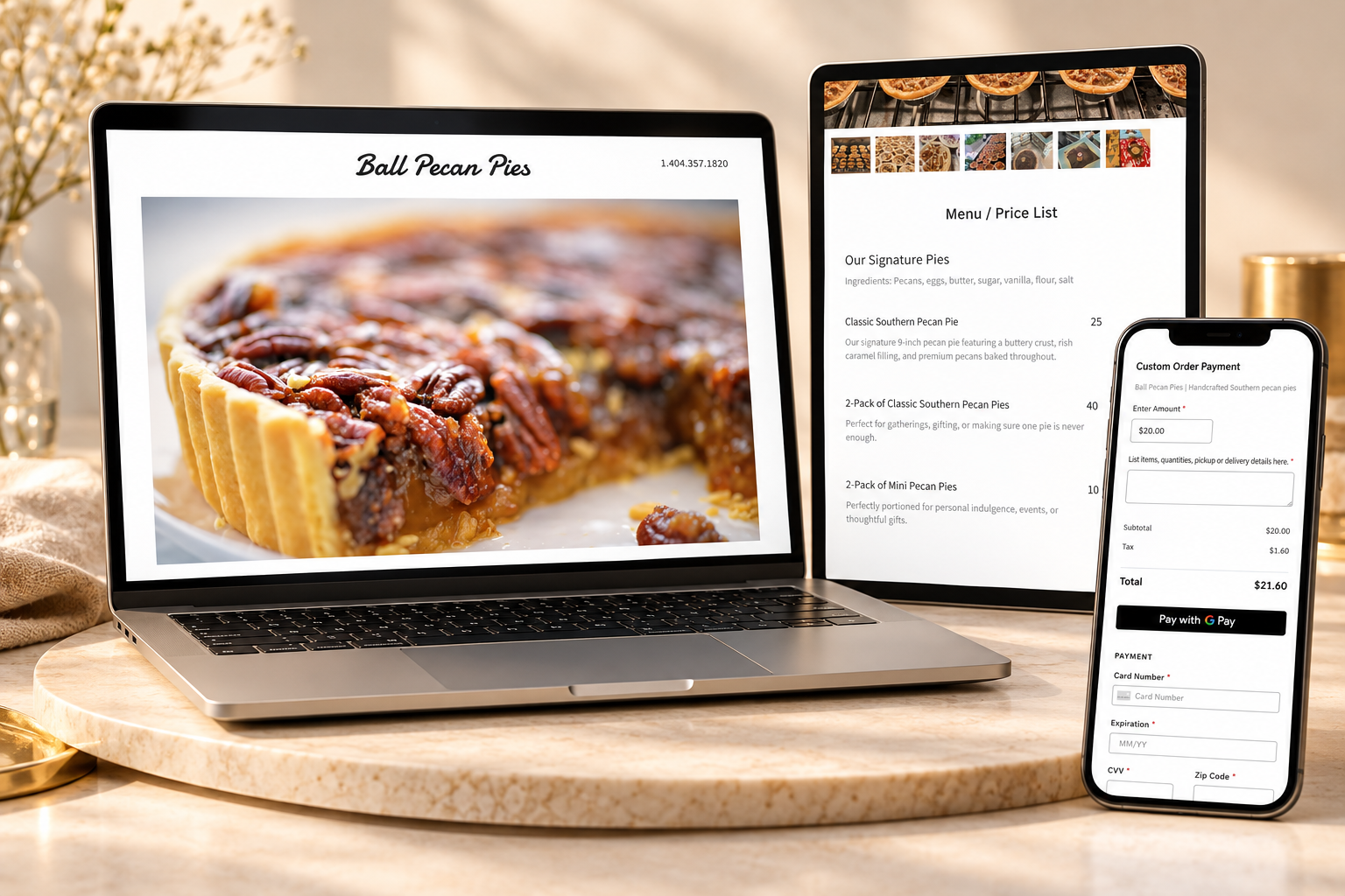 Ball Pecan Pies website displayed across devices, featuring product photography, menu pricing, and a custom order and payment form.