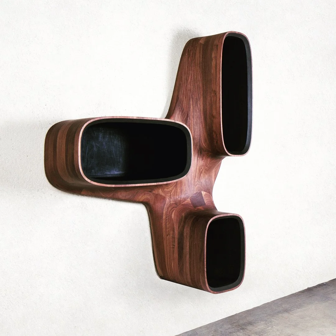6 axis machined book shelf using solid Walnut with blackened interior and hand rubbed oil exterior.