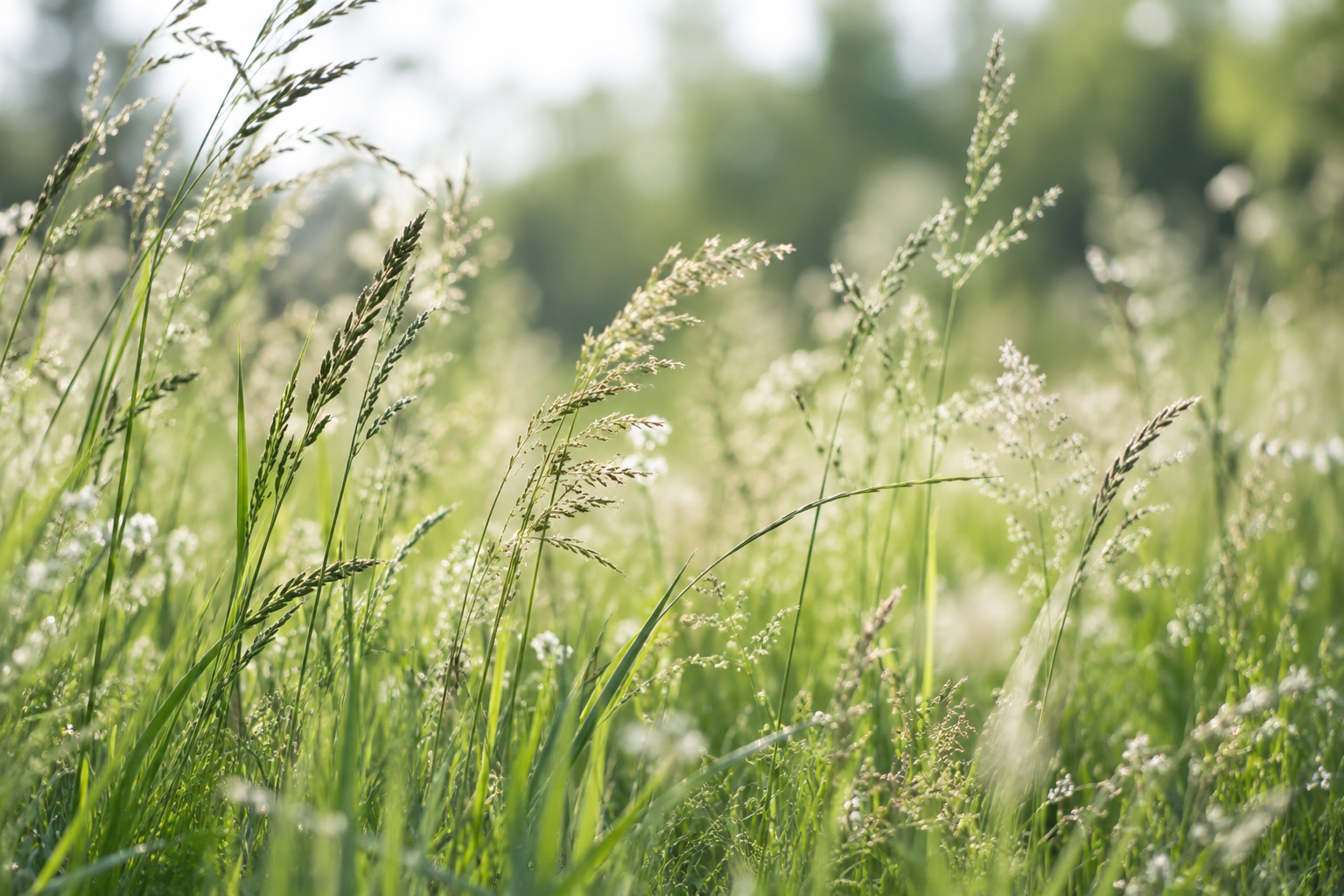Sunlit green meadow grasses and delicate seed heads