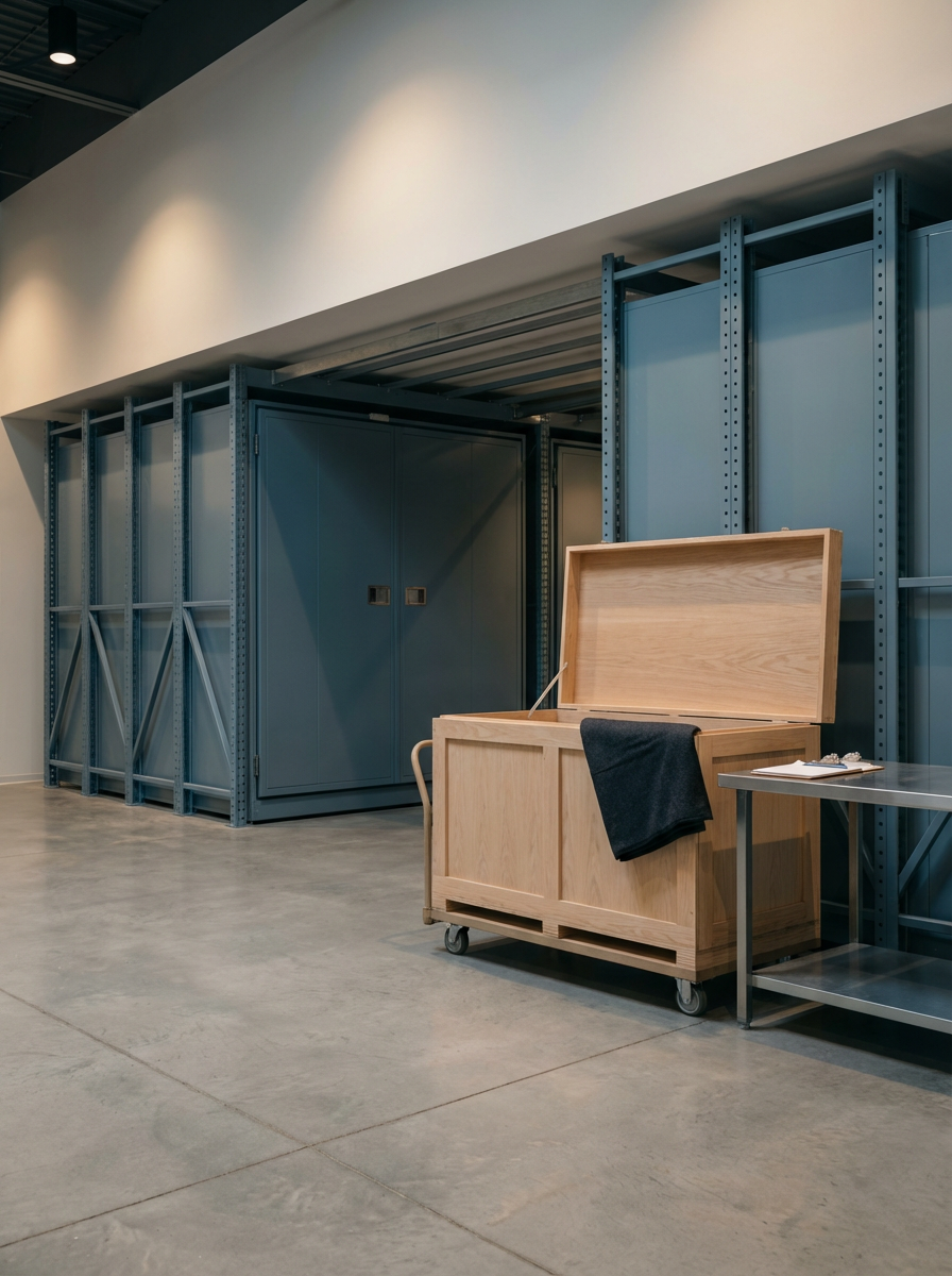 Empty storage room with blue metal shelving, a wooden chest on wheels with a black cloth draped over, and a small metal table with a notebook and pen.