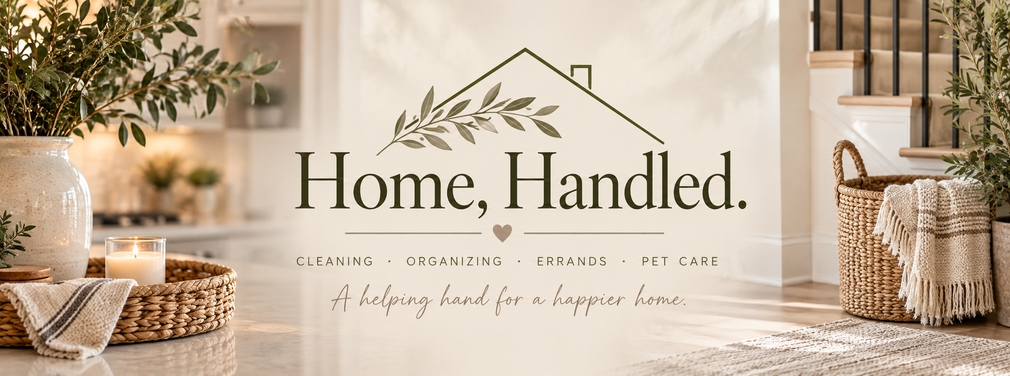 Decorative interior scene with a large potted plant, candle, and woven baskets, featuring a sign that reads 'Home, Handled.' with services listed such as cleaning, organizing, errands, and pet care, and a tagline 'A helping hand for a happier home.'