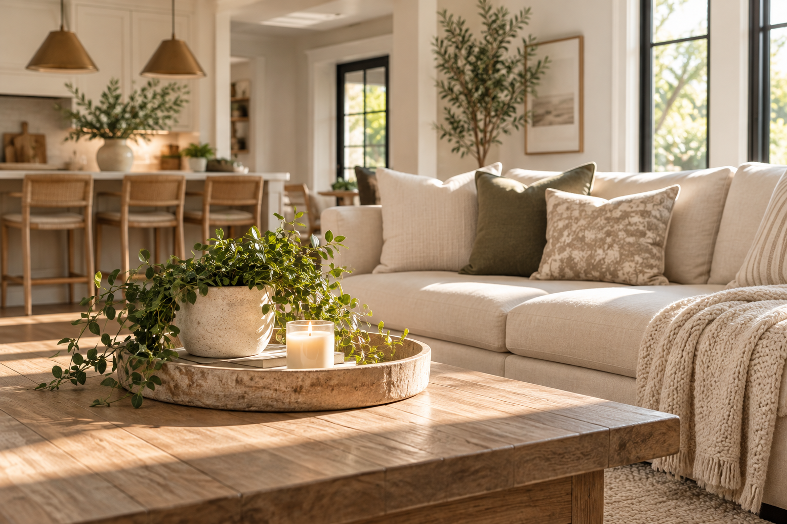 Cozy living room with sunlight streaming through large windows, beige sofa with patterned and solid cushions, a wooden coffee table with a plant and candle, and a dining area with barstools in the background.