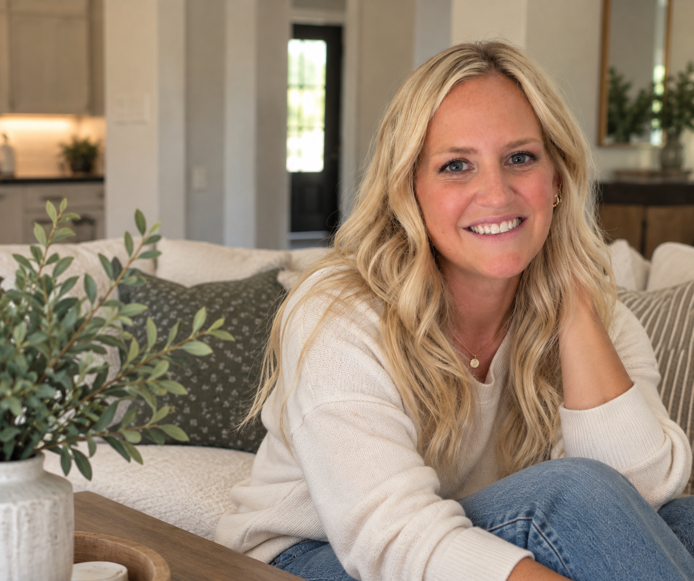 A smiling woman with blonde curly hair and blue eyes sitting on a beige couch in a cozy living room, wearing a cream sweater and blue jeans.