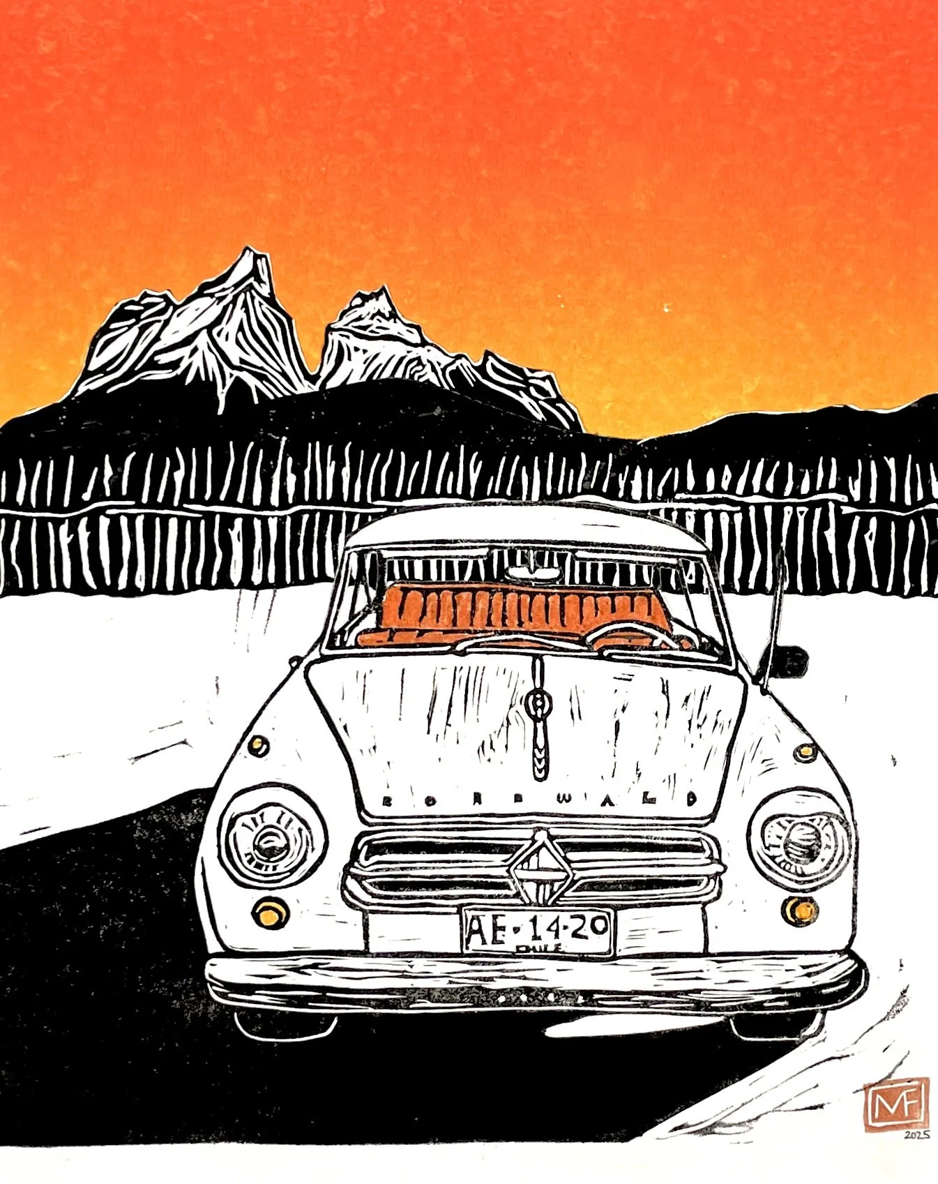 An illustrated view of a vintage white car with an orange interior parked on a winding road in front of snow-covered mountains at sunset, with a warm orange sky in the background.