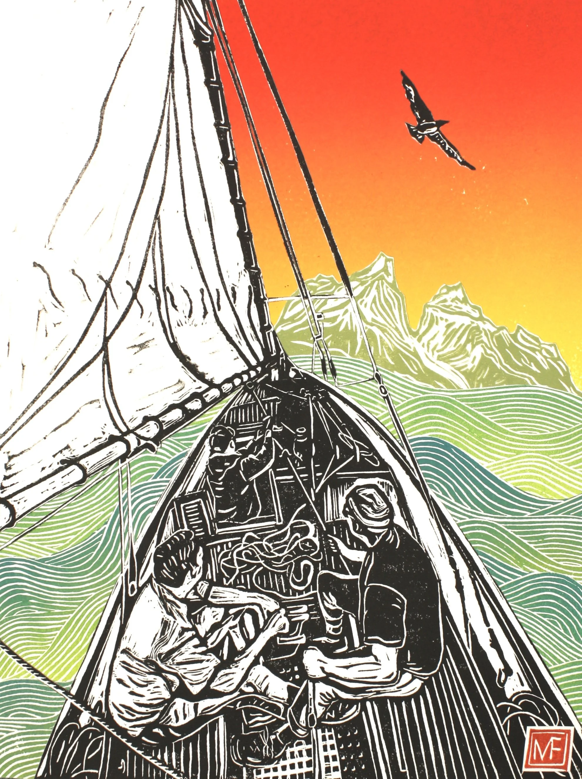 An illustration of a ship with sails, viewed from the bow, sailing on green and blue waves. In the background, there are green mountains and an orange sky. A bird is flying in the sky.