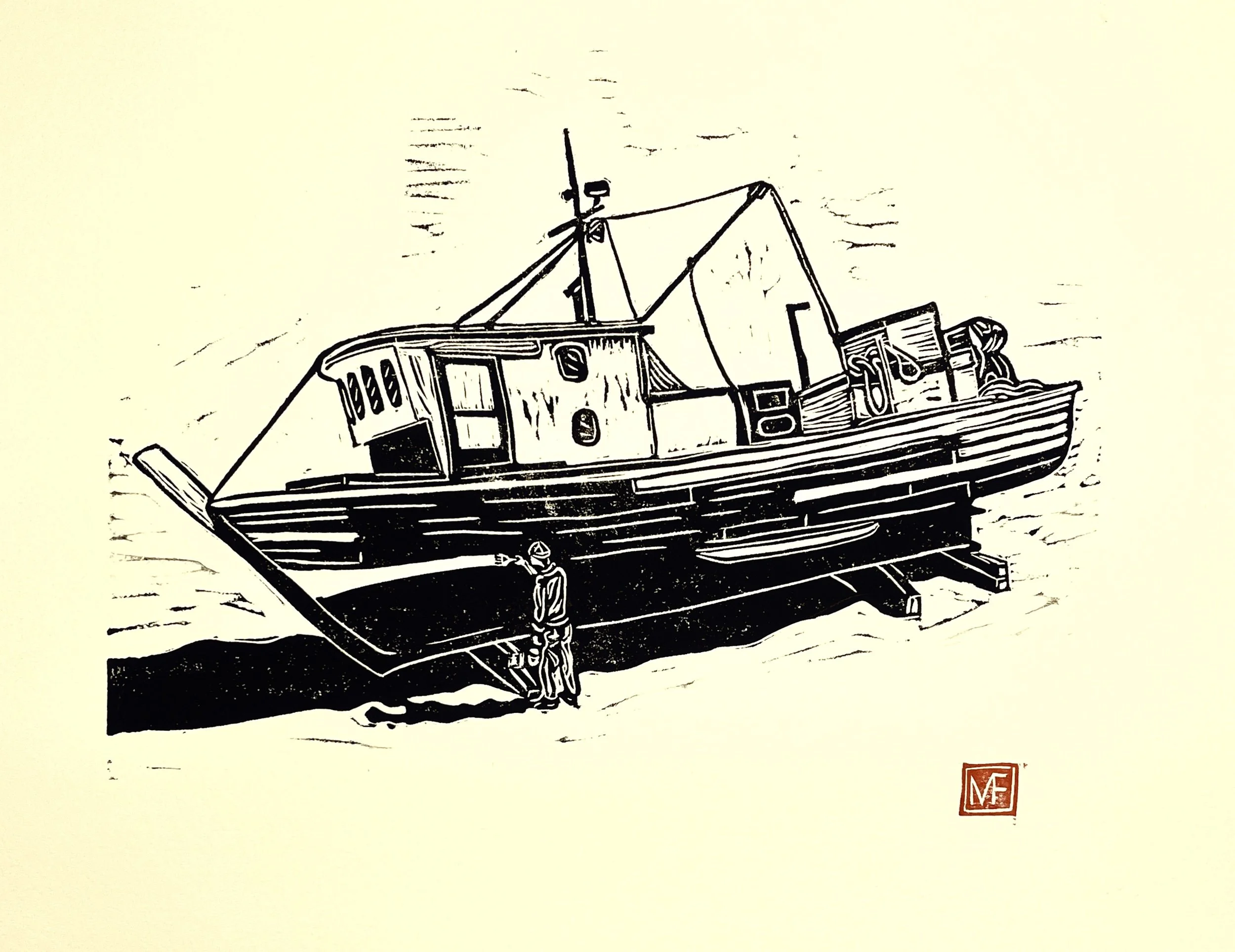 A black and white illustration of a boat on water with a person standing nearby.