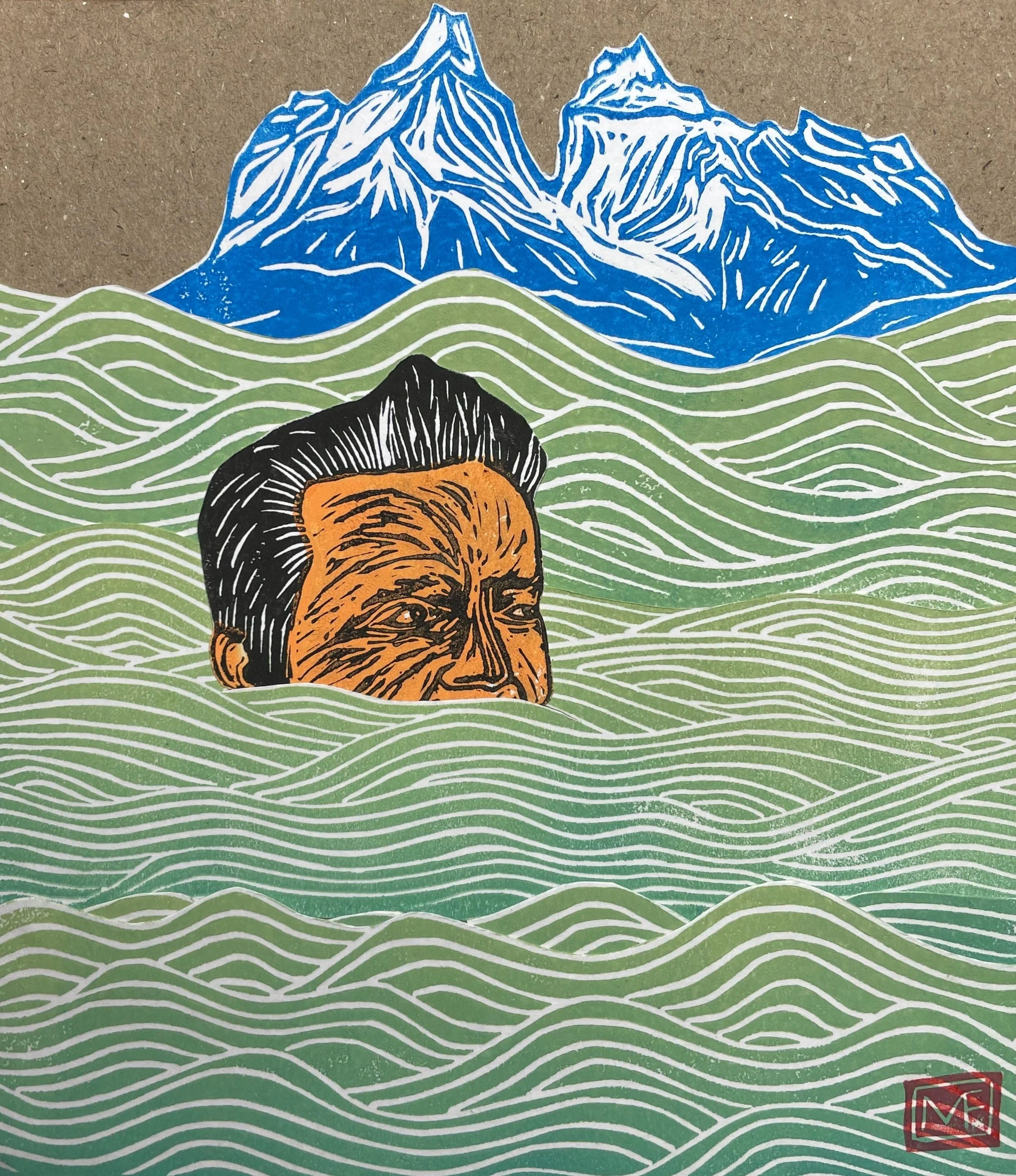 Artwork illustrating mountain peaks, with a stylized portrait of a man with black hair and a confident expression, set against a background resembling flowing green hills. The art has bold black, white, blue, green, and orange colors.