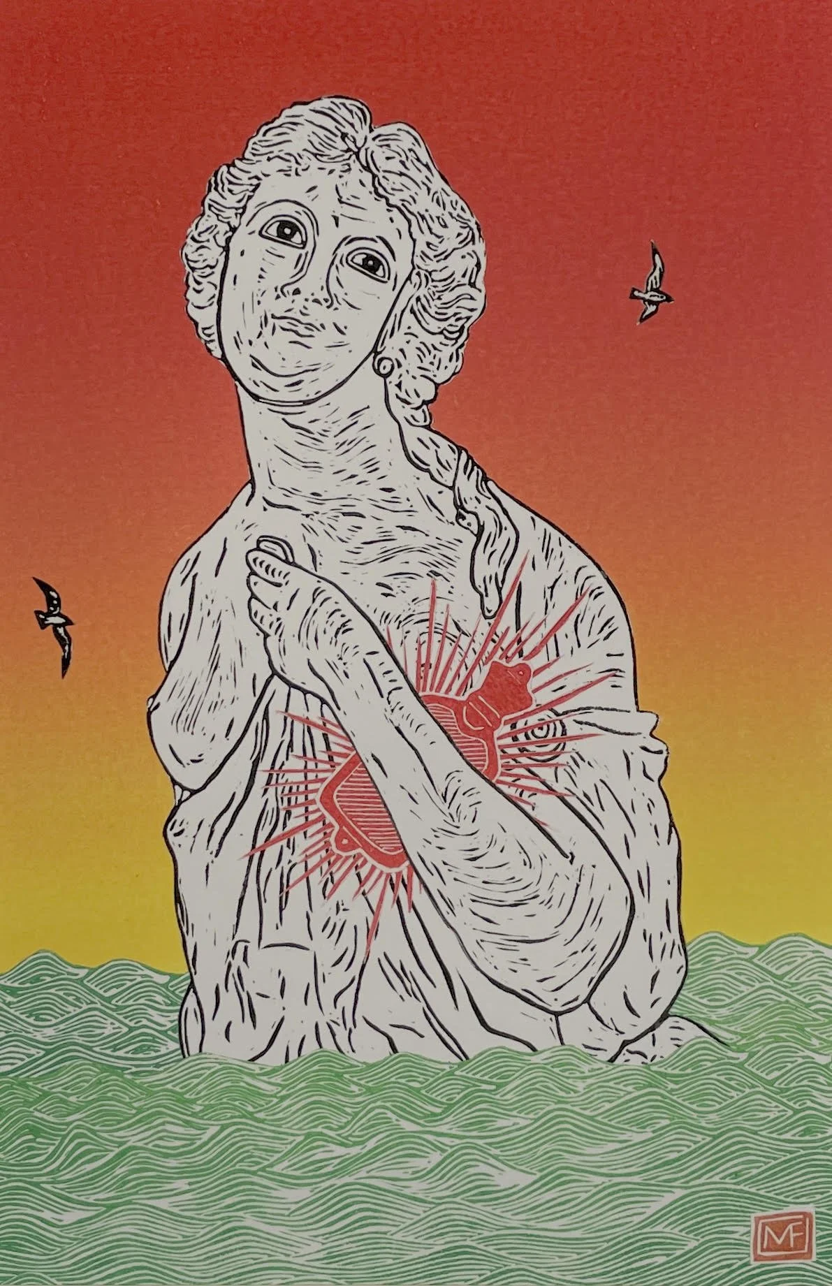 A black and white illustration of Jesus Christ with a red heart in his chest, surrounded by radiation lines, rising from stylized green waves with an orange and red gradient background, and a few flying birds.