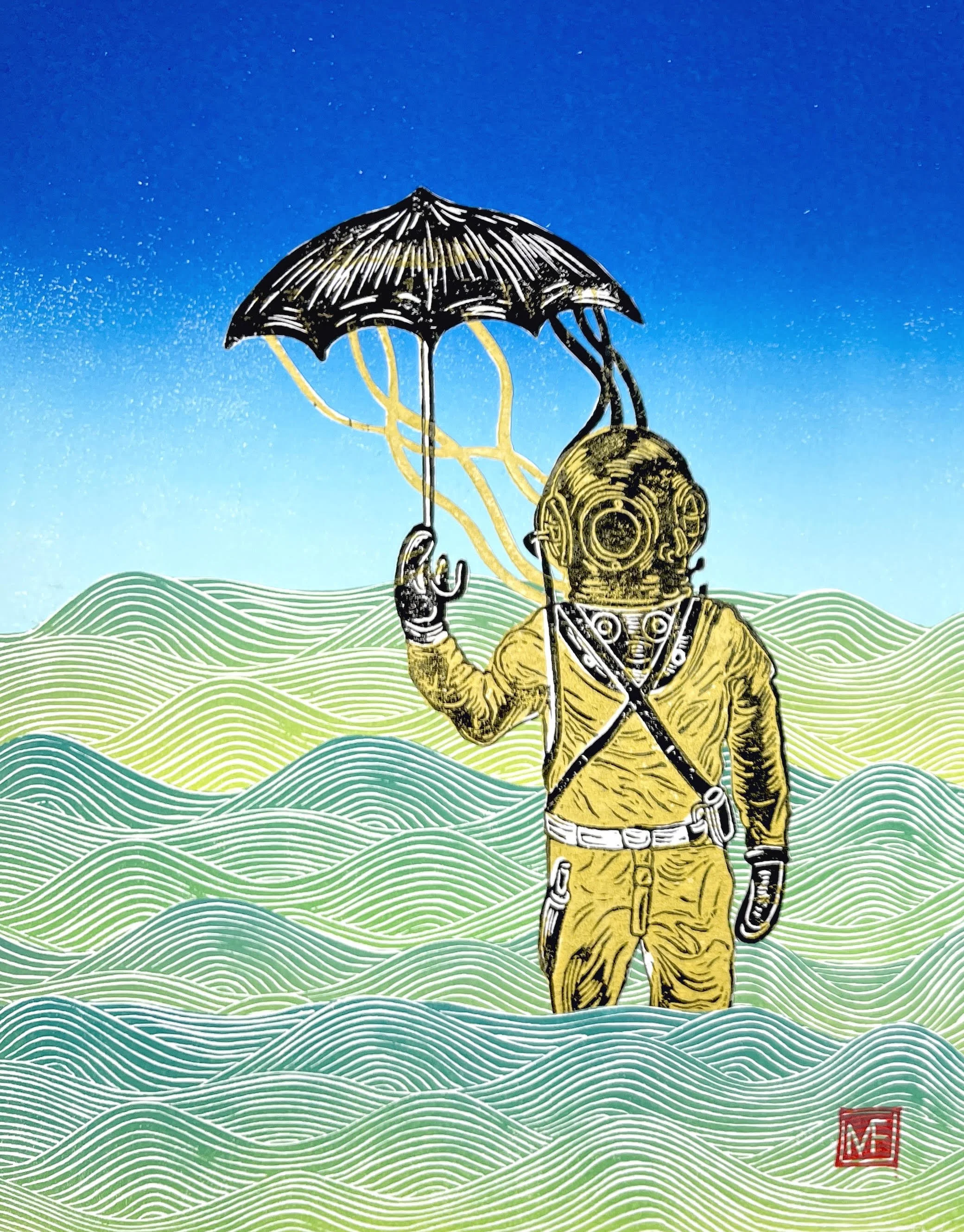 A astronaut wearing a yellow space suit holding a black umbrella standing in a stylized landscape of green and blue wavy lines, under a blue gradient sky.