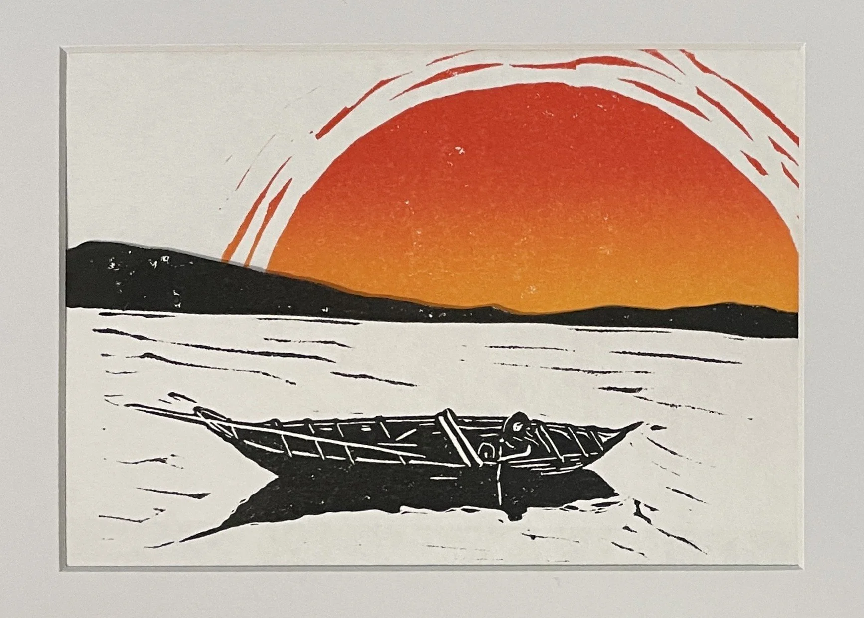 A drawing of a sunset over a body of water, with a boat in the foreground.