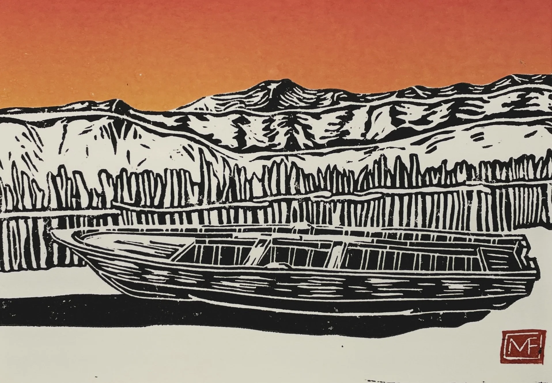 Line drawing of a boat in the water with a mountain landscape in the background at sunset.