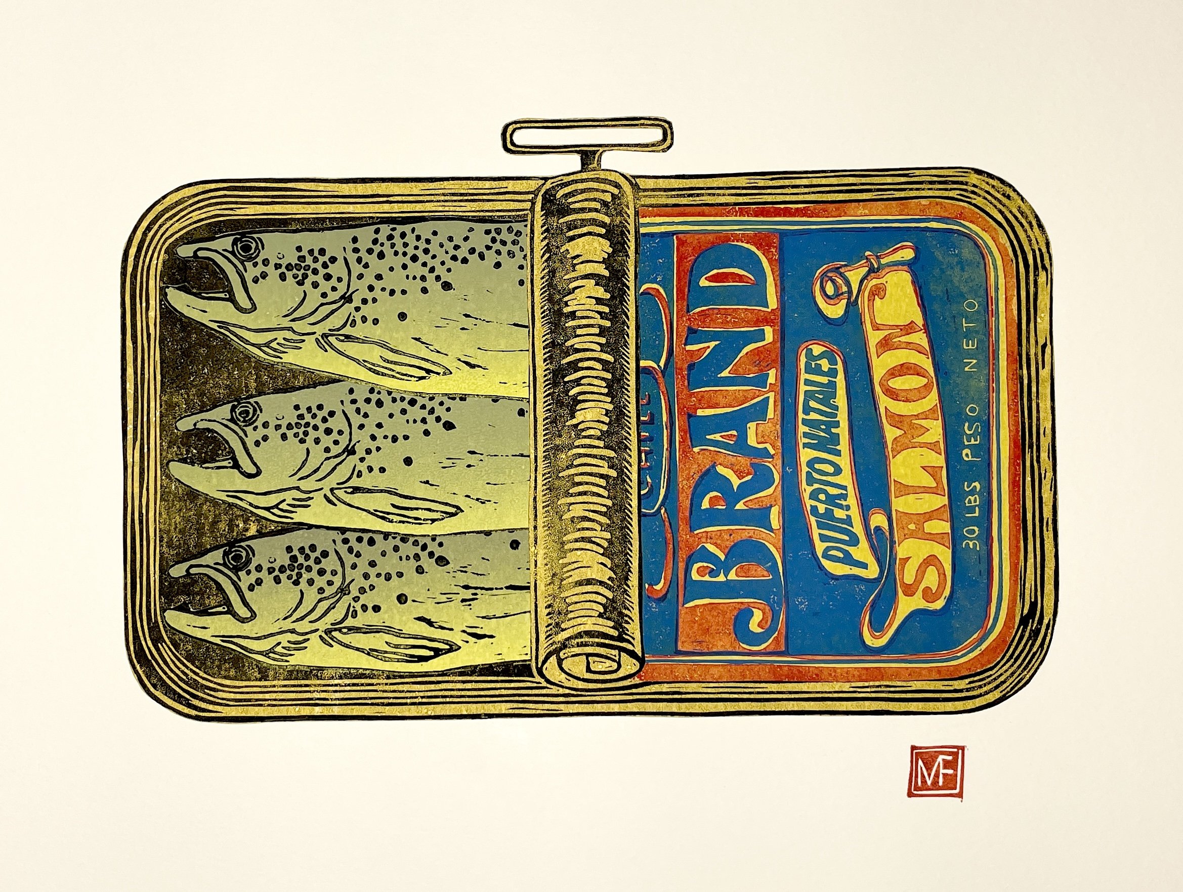 Illustration of a vintage canned good label featuring fish, with the text 'SARDINES' and a small red square with white initials 'MF' in the bottom right corner.