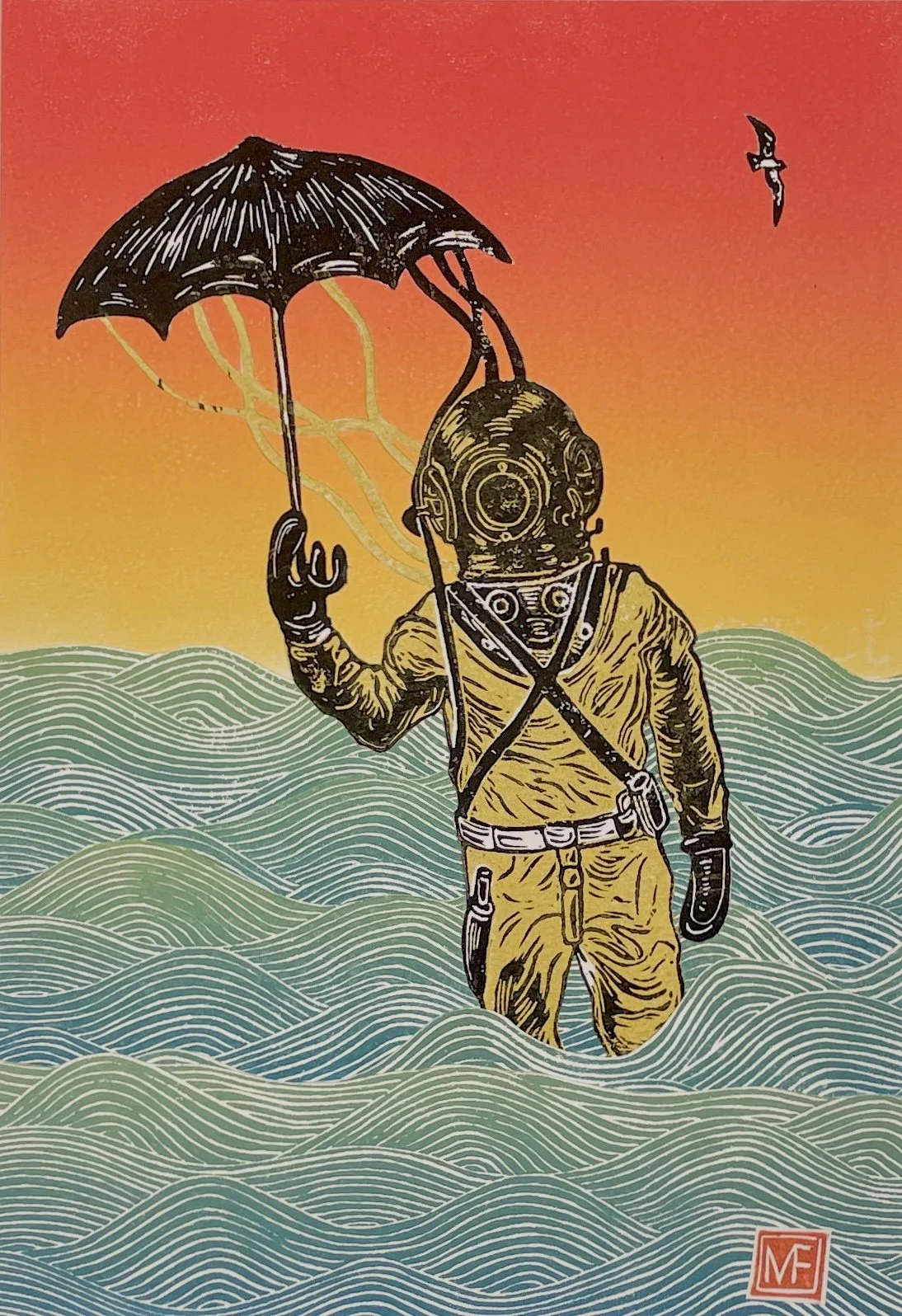 An illustration of an astronaut wearing a spacesuit, holding a black umbrella, standing in stylized ocean waves with a red and orange sky in the background and a flying bird.