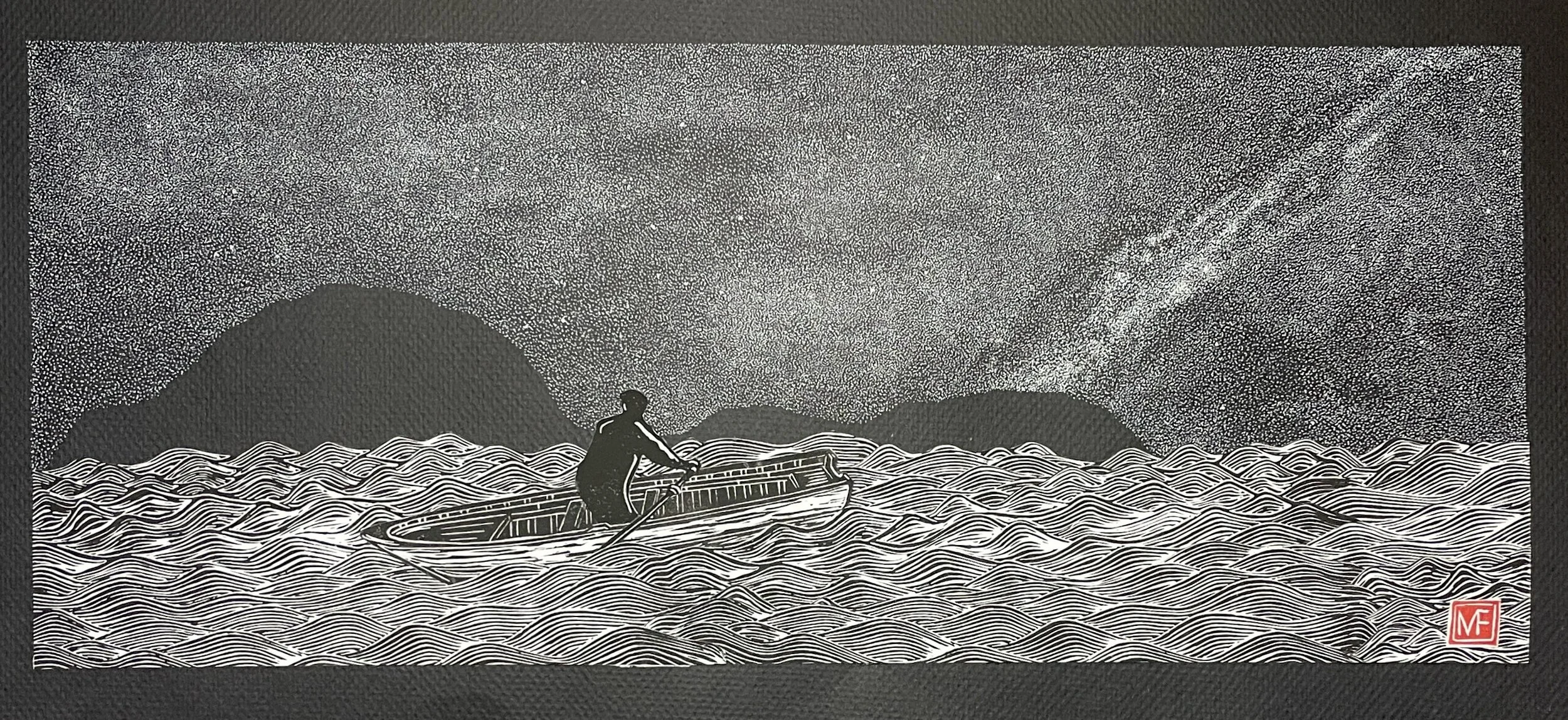 Silhouette of a person rowing a boat on stylized waves with mountains and a starry night sky in the background.