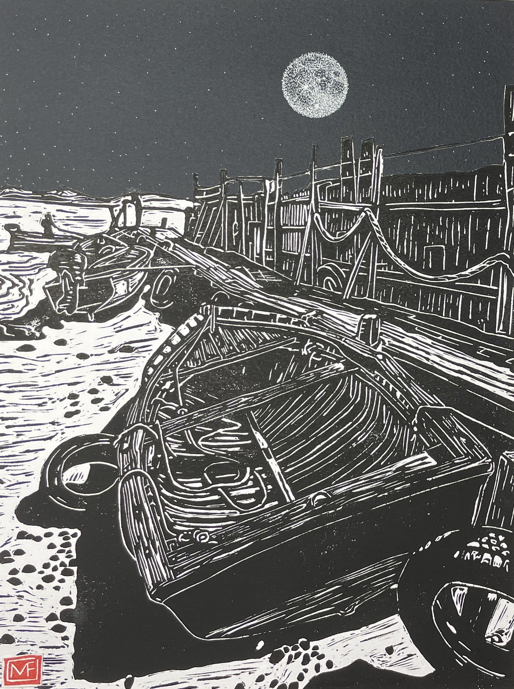 A black and white line drawing of a lunar landscape with a bicycle in the foreground and a full moon in the sky. The drawing style is sketch-like with detailed landscape and bike features.