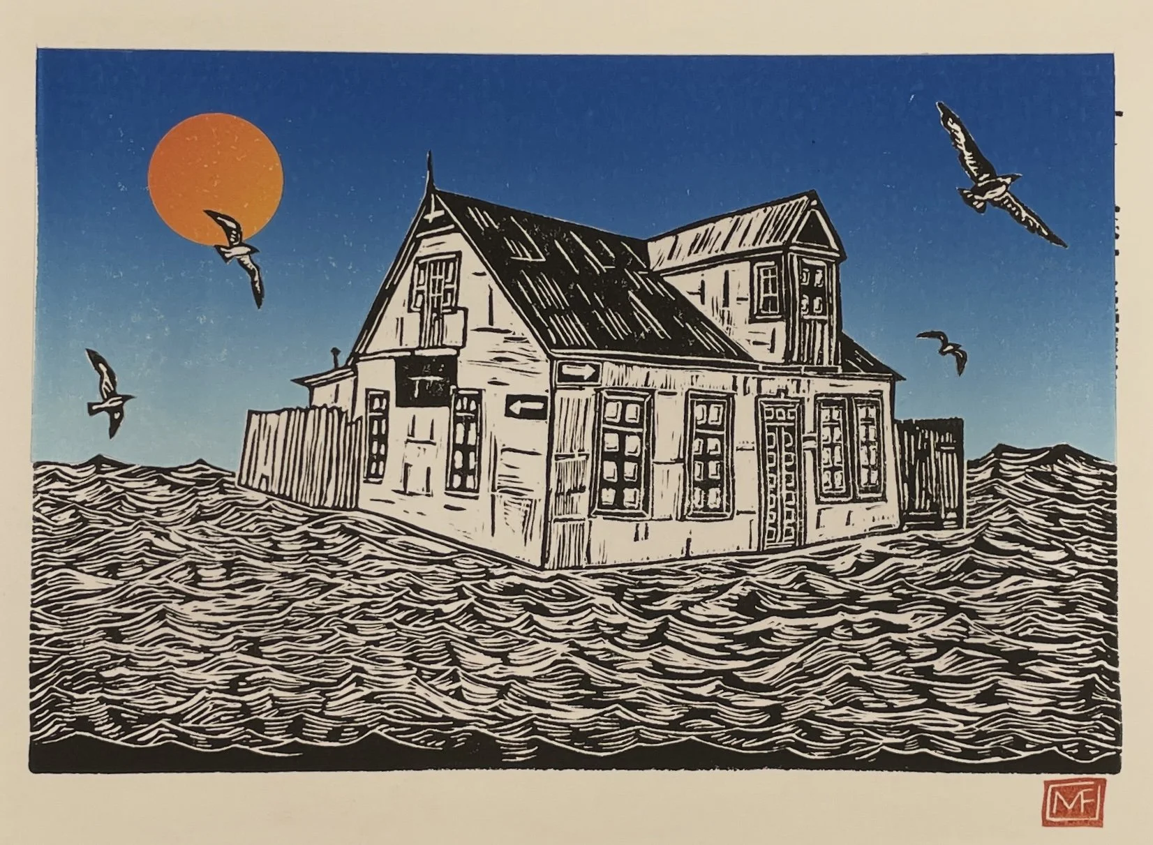 A house partially submerged in water with waves all around, flying birds in the sky, a large orange sun, and a small red stamp in the lower right corner.