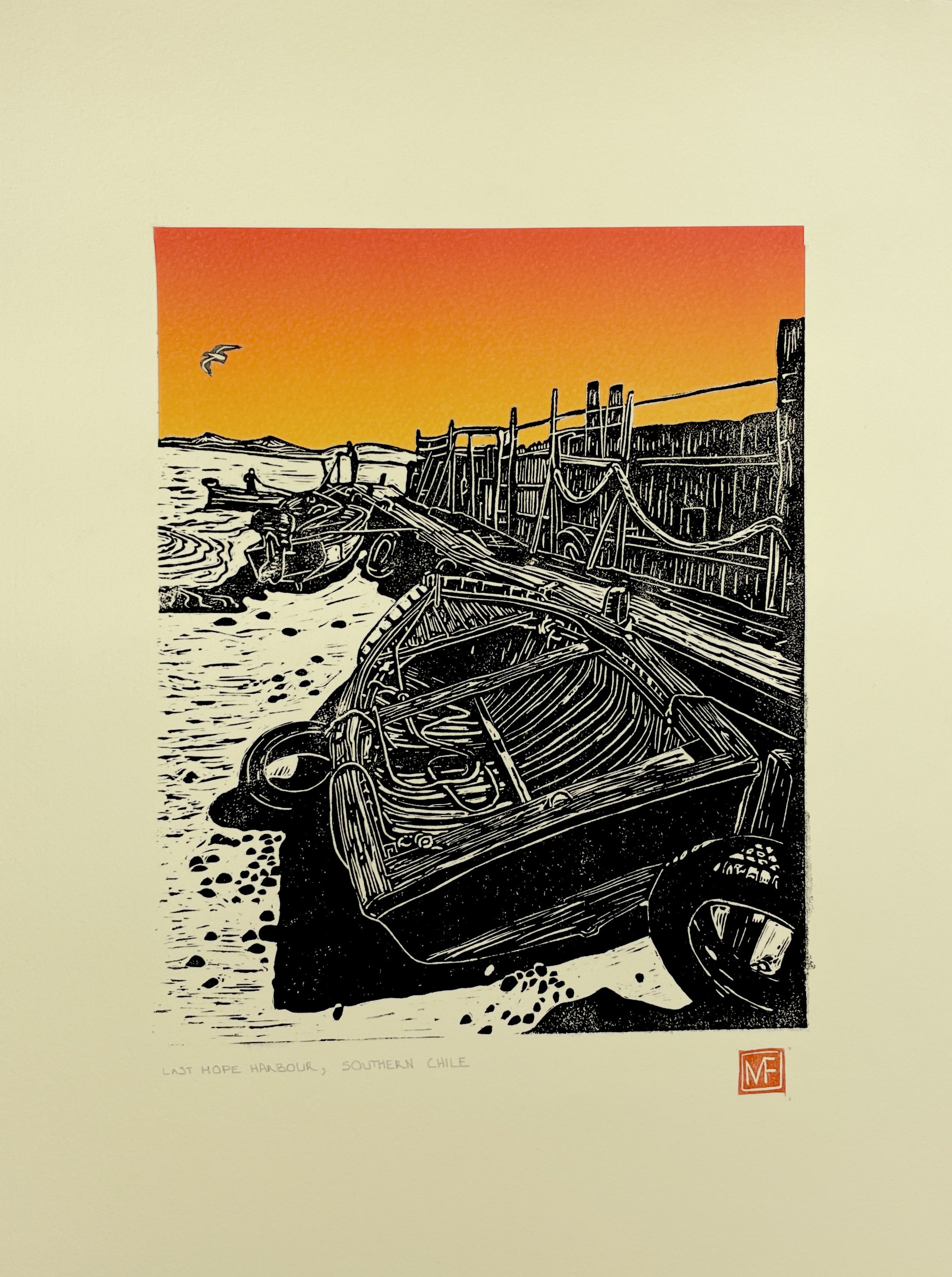A black and white woodcut print of a boat and a dock at Last Hope Harbour, Southern Chile, with a sunset sky in shades of orange and yellow, and a seagull flying in the sky.